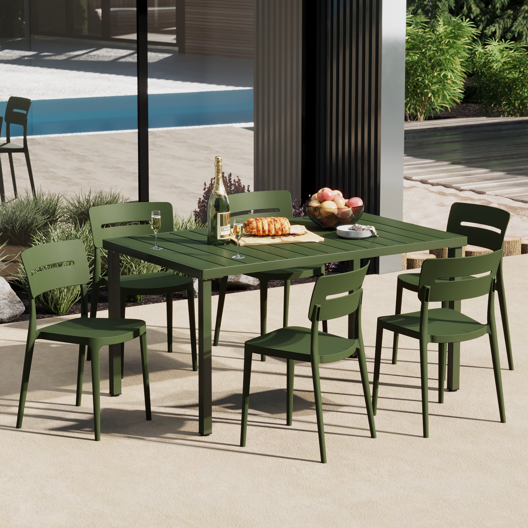 Sunshine 7-Piece Outdoor Rectangular Metal Patio Dining Table Set With Stackable Patio Chairs