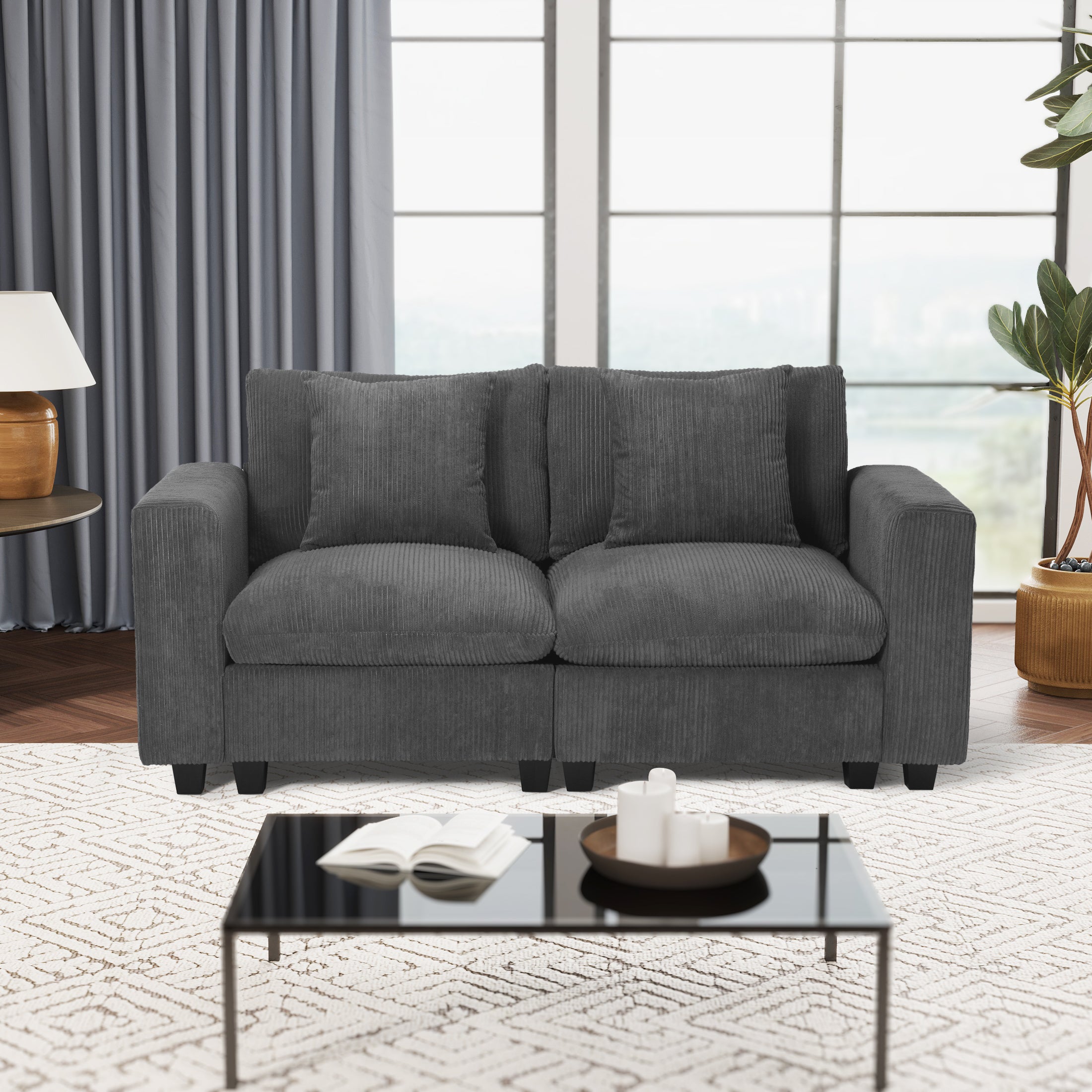 Ava 70" Modular Corduroy Loveseat Sofa With USB/Type-C Ports and Side Pockets