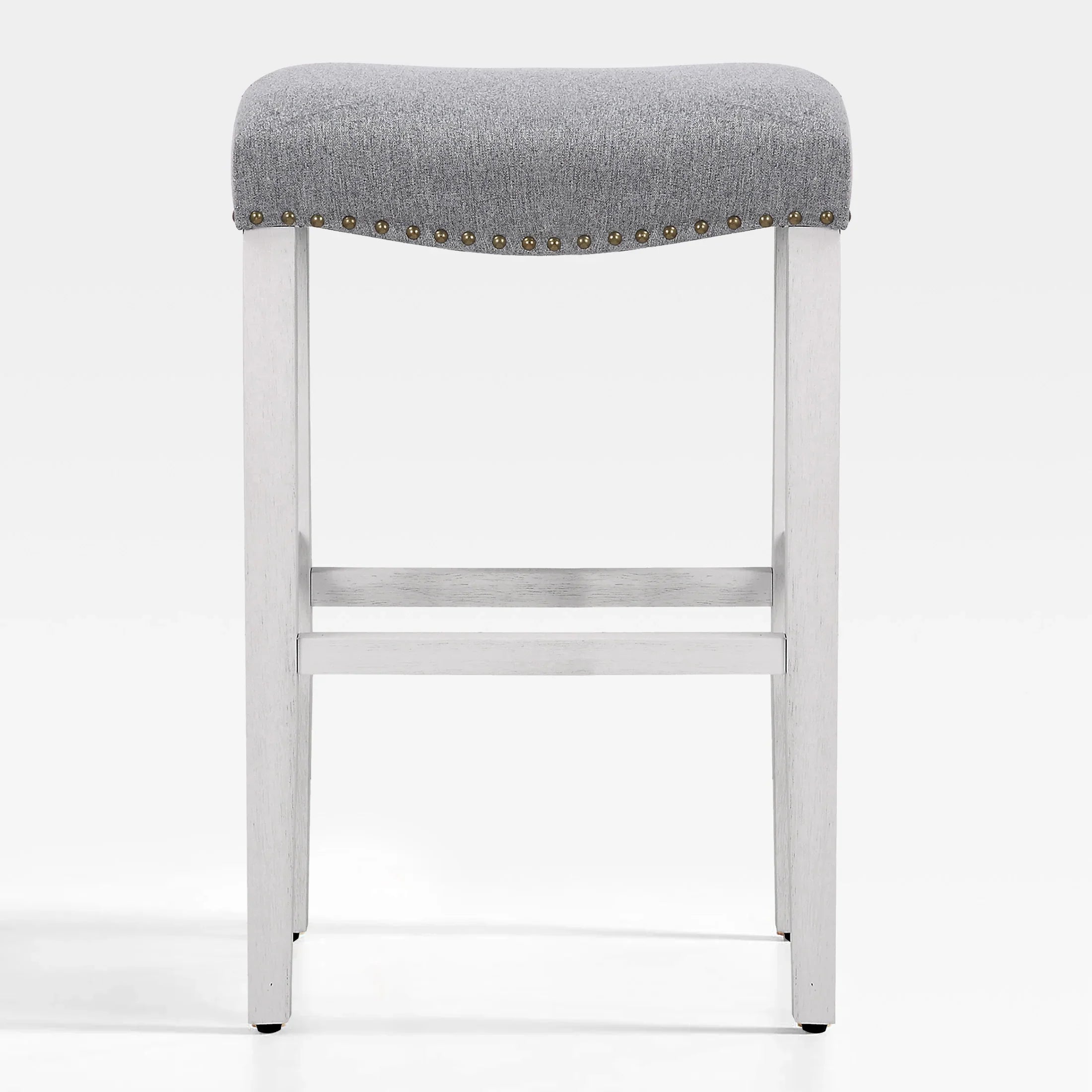 Bulmon 29" upholstered nail head bar counter stools with Antique White color legs