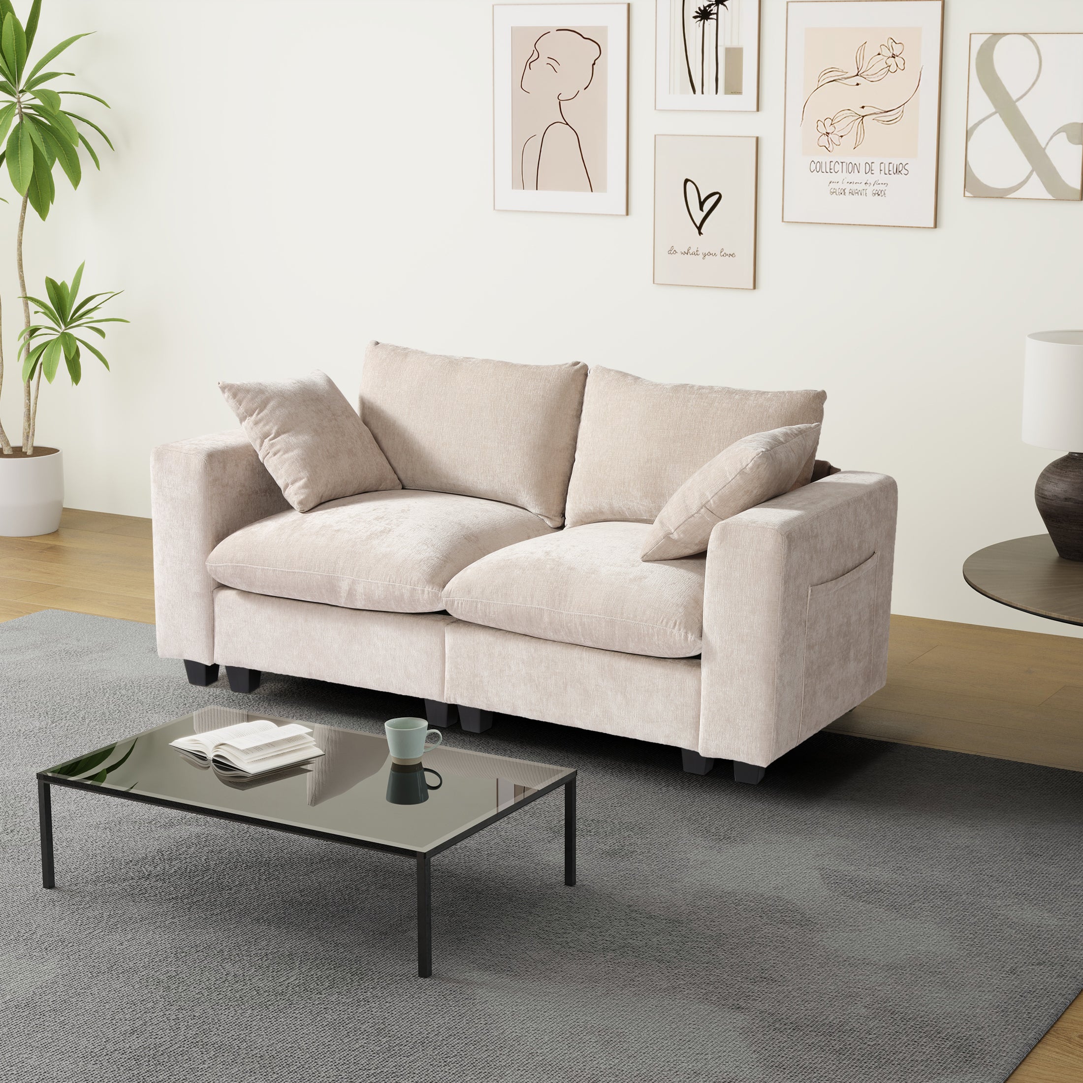 Springfield 70" Modular Chenille Loveseat Sofa With USB/Type-C Ports and Side Pockets