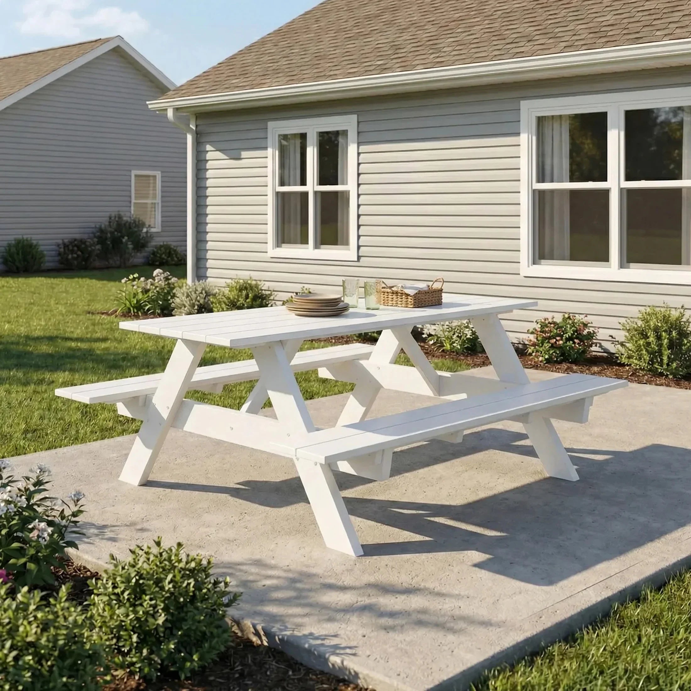 Macon Outdoor 70" HDPE Plastic Picnic Table Bench With Umbrella Hole