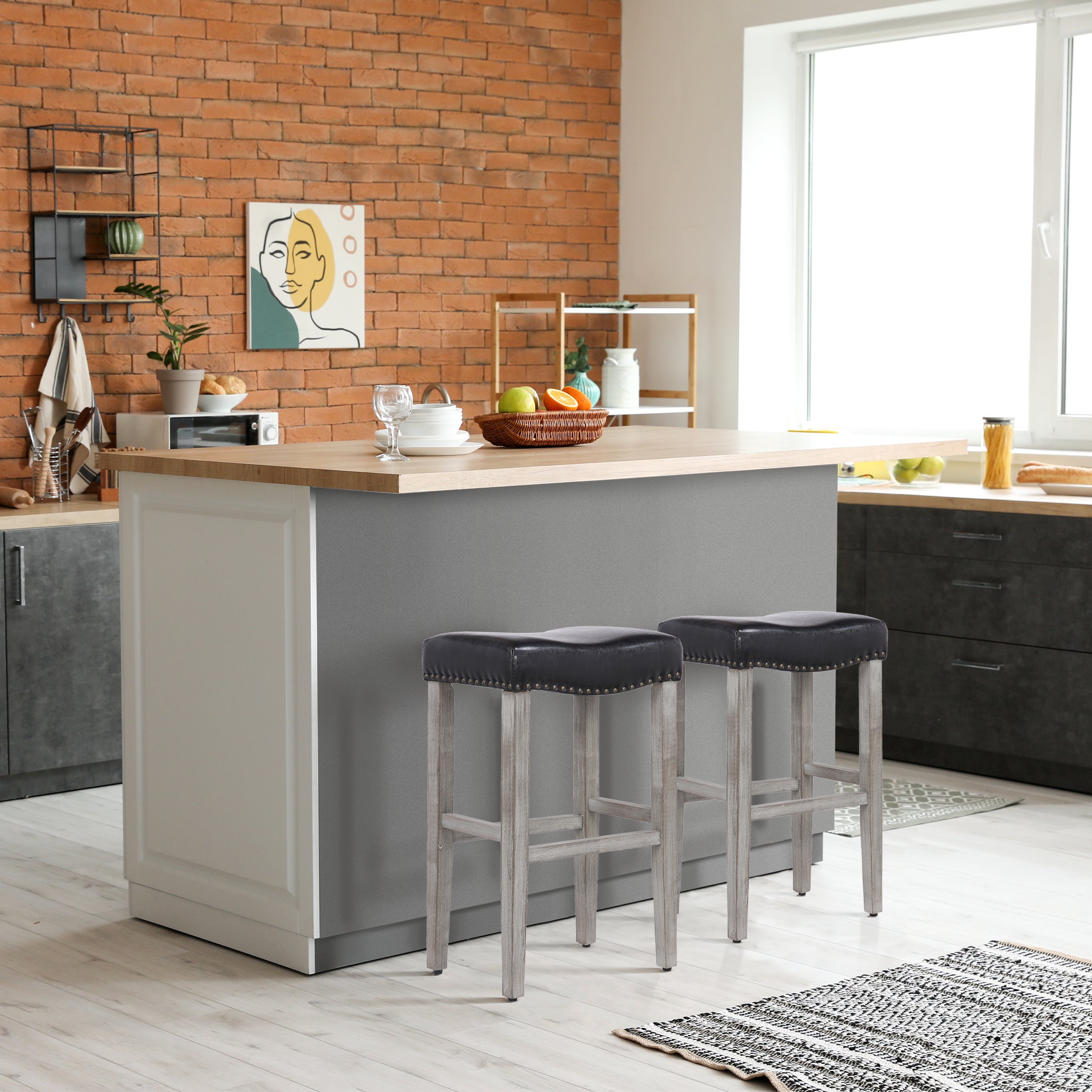 Bulmon 29" upholstered nail head bar counter stools with Antique Gray color legs (2 piece set)