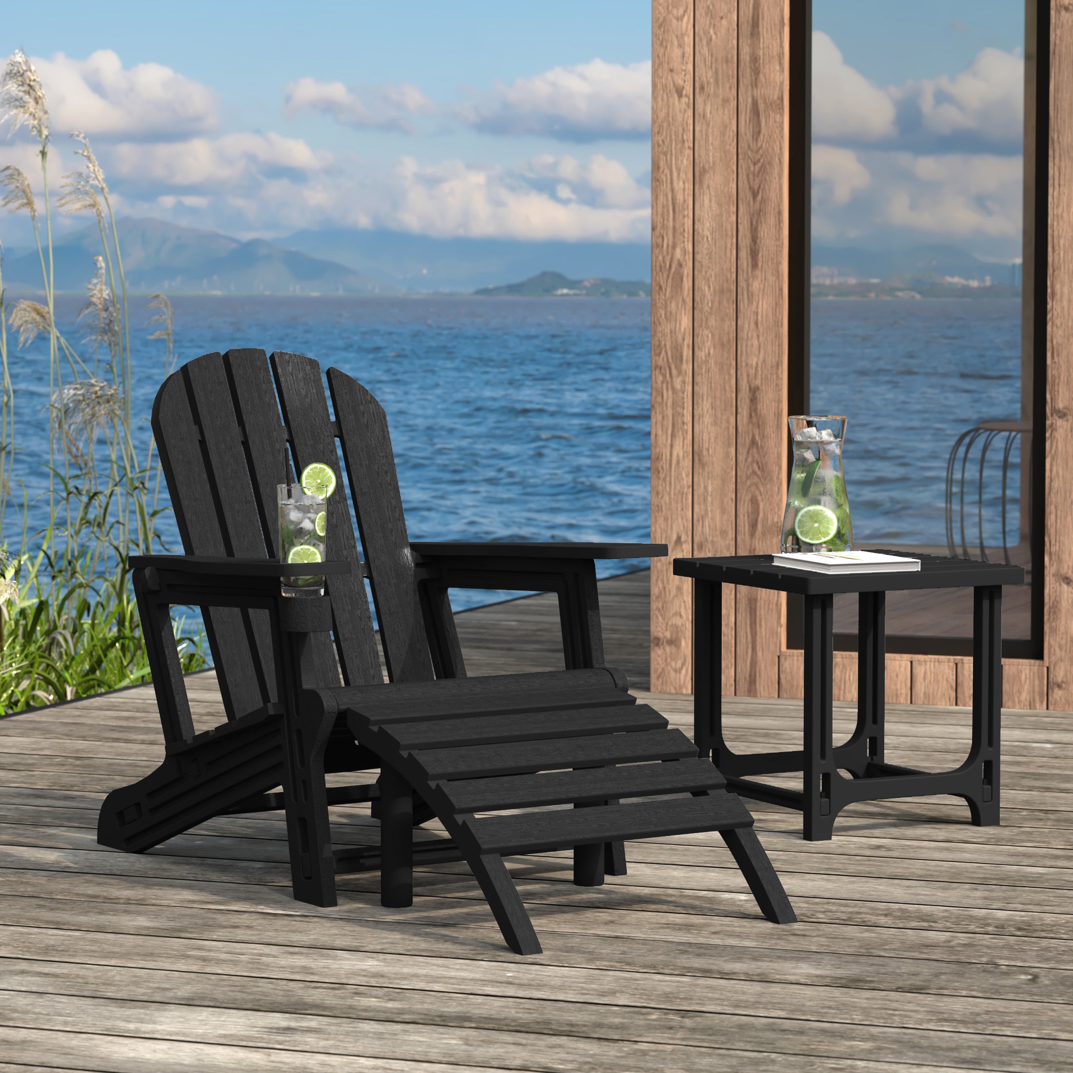 Cayman 3-Piece HDPE Outdoor Patio Adirondack Chair with Ottoman and 18" Side Table Set