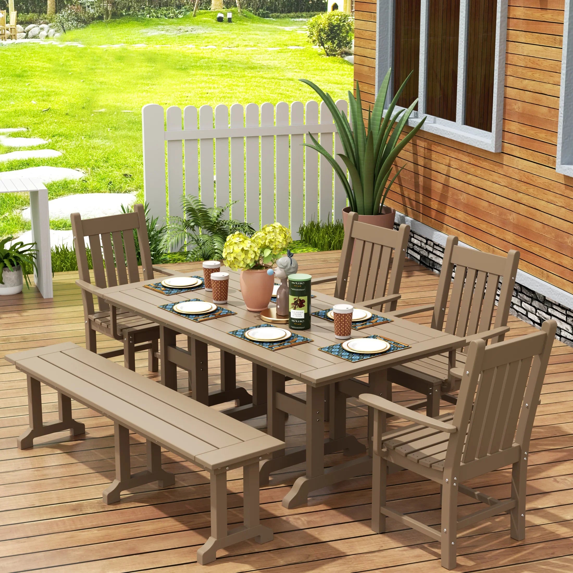 Paradise 6 Piece Outdoor Patio Dining Set Outdoor Table and Bench Armchair Set