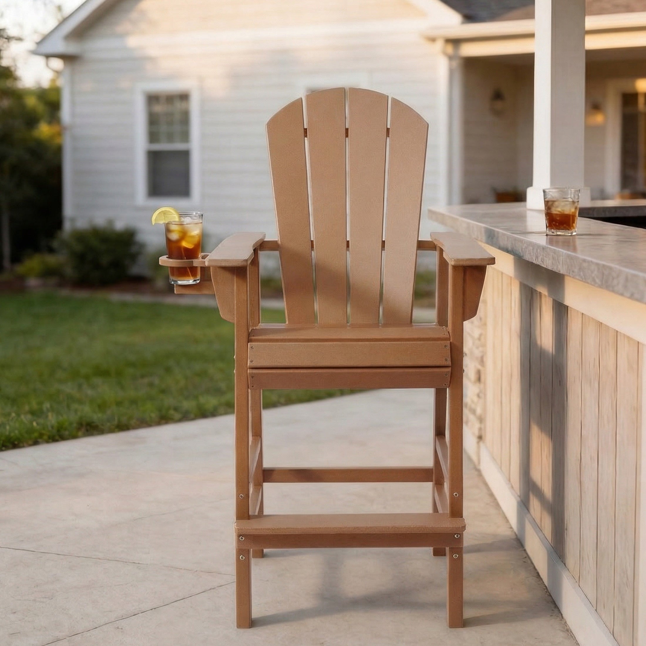 Paradise Outdoor HDPE Tall Adirondack Bar Height Chair With Cup Holder