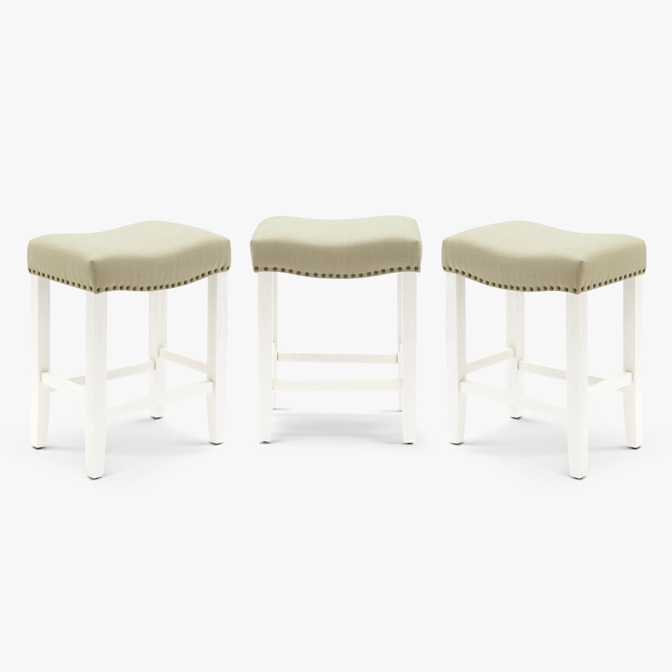 Bulmon 24" Upholstered Saddle Seat Antique White Counter Stool (Set of 3)