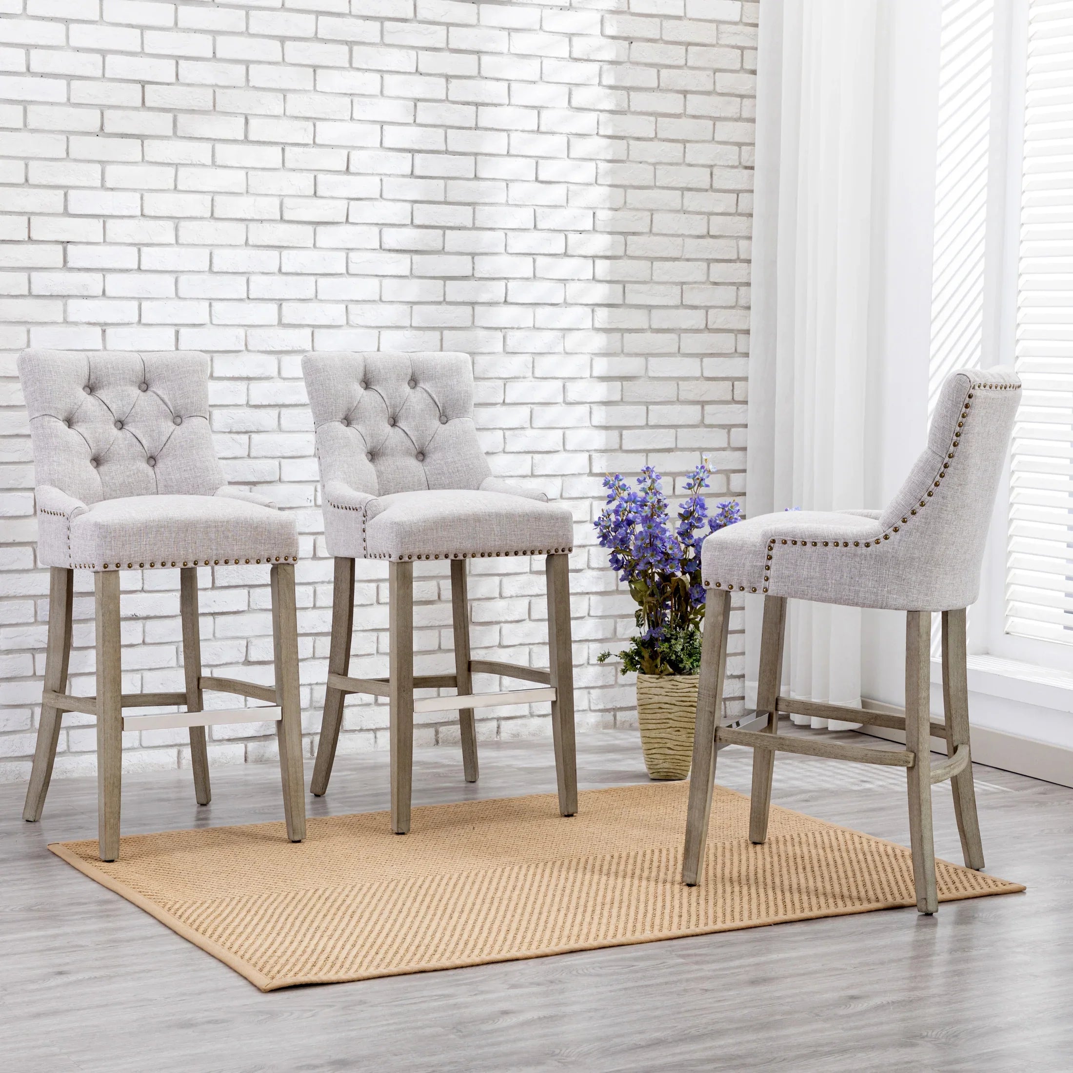 Bellmount 29" Upholstered Wood Bar Stool with Tufted Back (Set of 3)