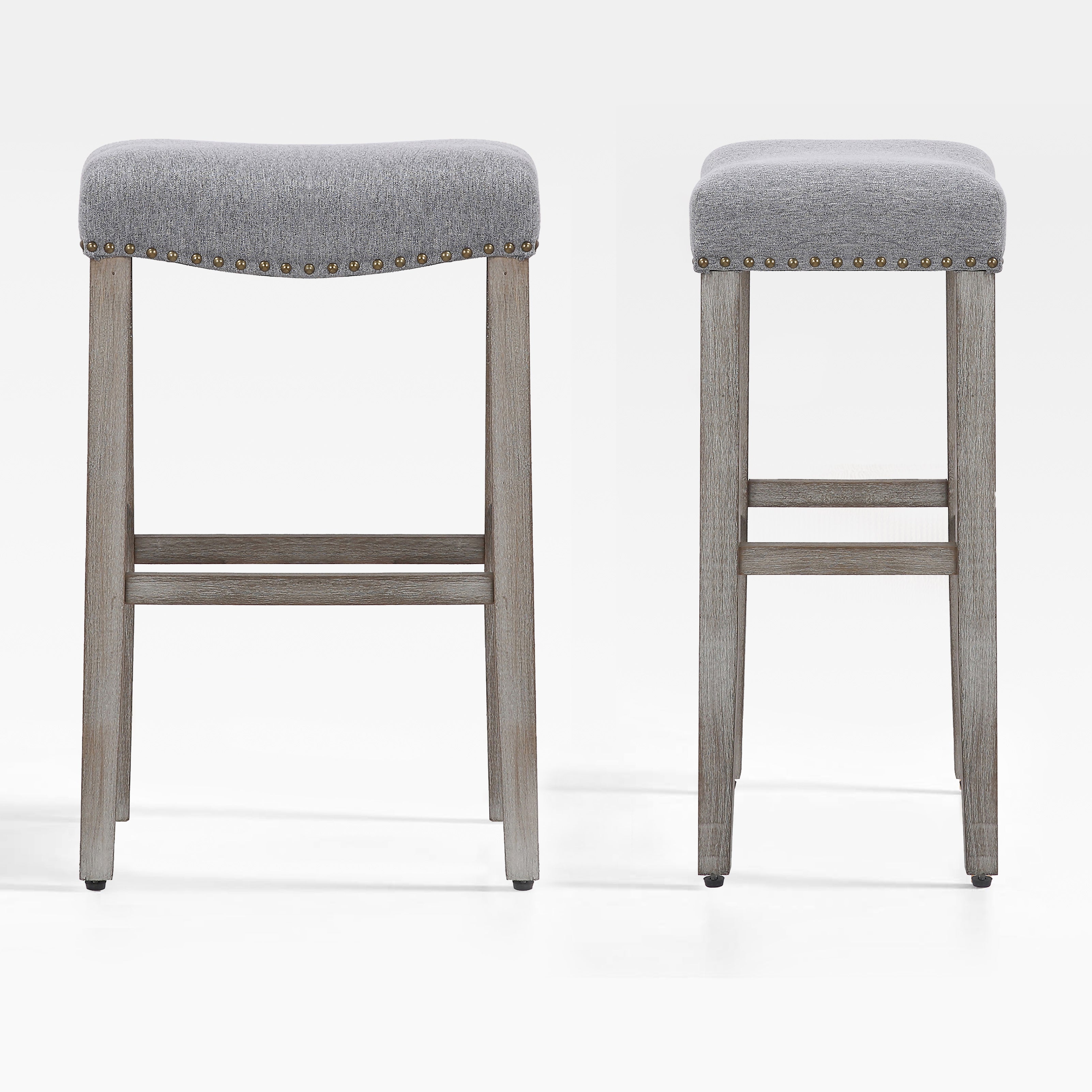 Bulmon 29" upholstered nail head bar counter stools with Antique Gray color legs (2 piece set)