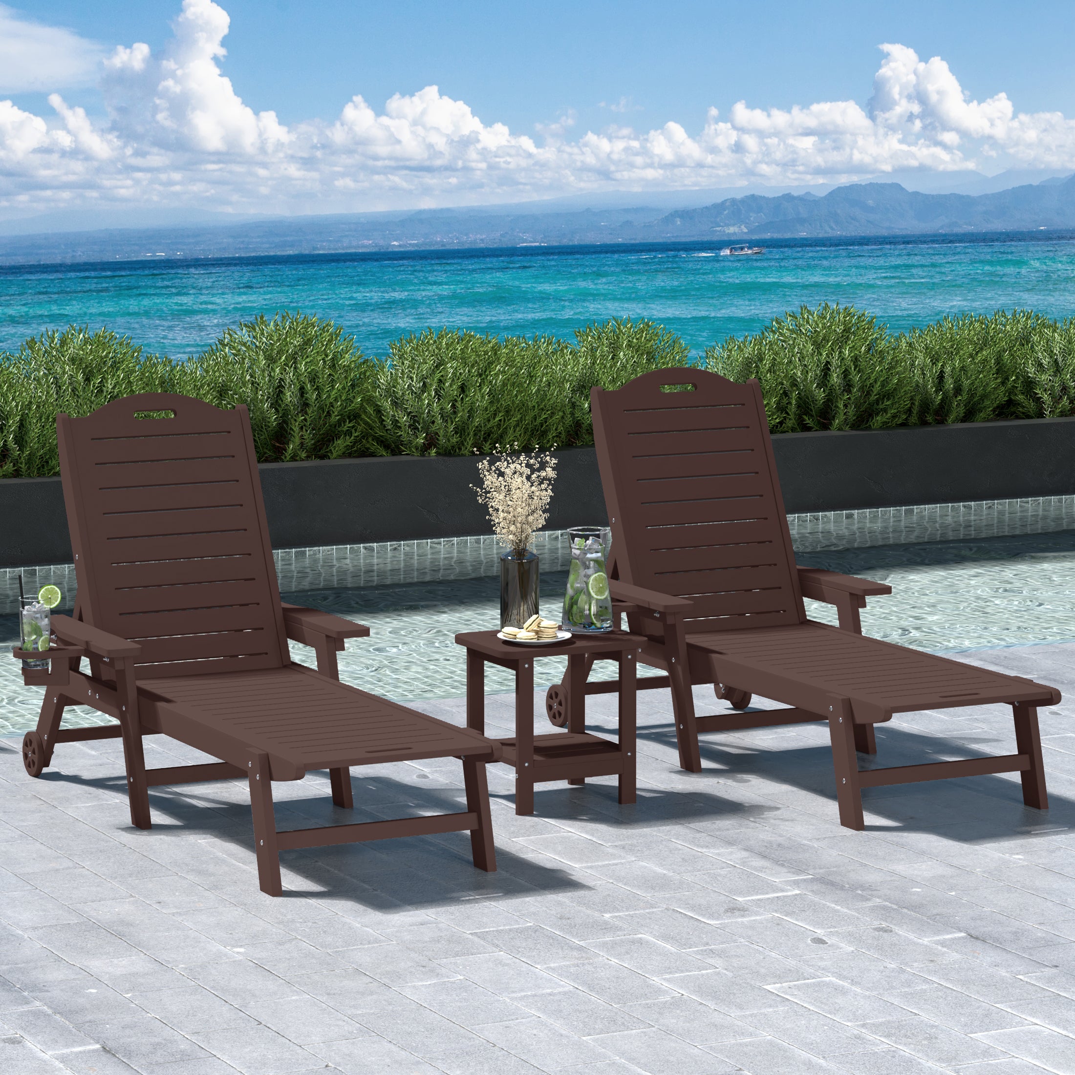 Lago 3-Piece Outdoor Patio Chaise Lounge Chair with Wheels & Cup Holder with Patio Side Table