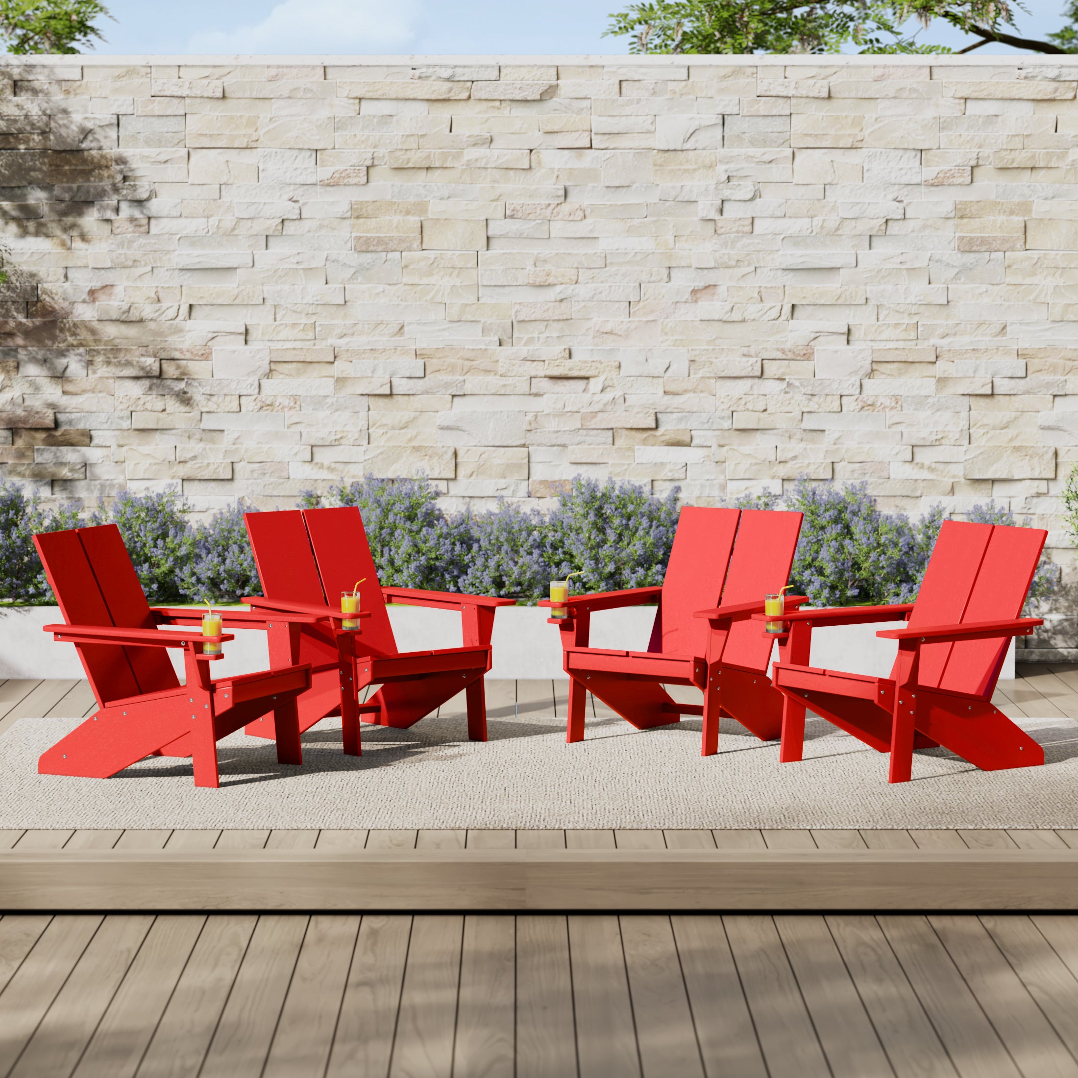 Seaview Outdoor HDPE Modern Adirondack Chair with Cup Holder (Set of 4)