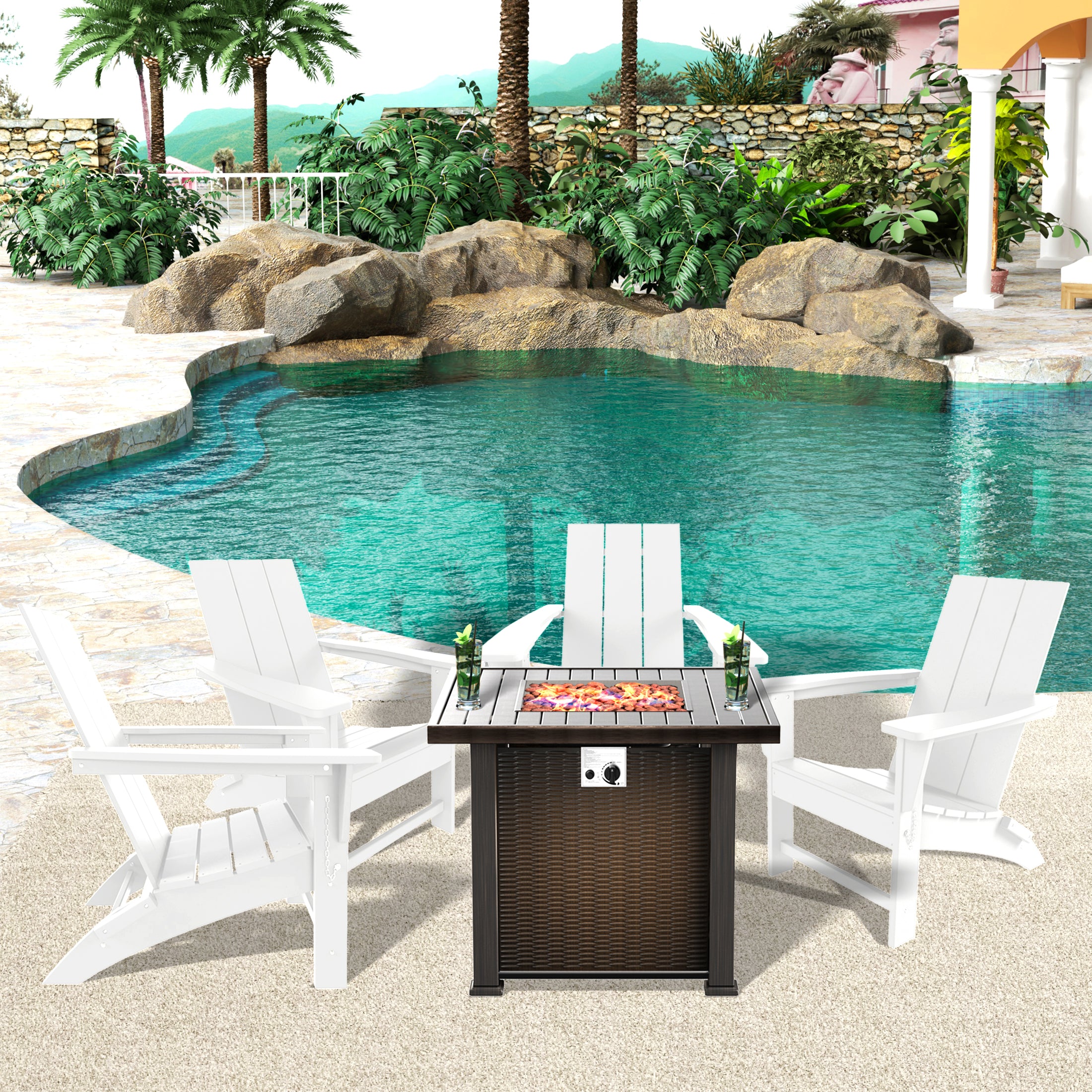 Palms Modern Folding Poly Adirondack Chair With Square Fire Pit Table