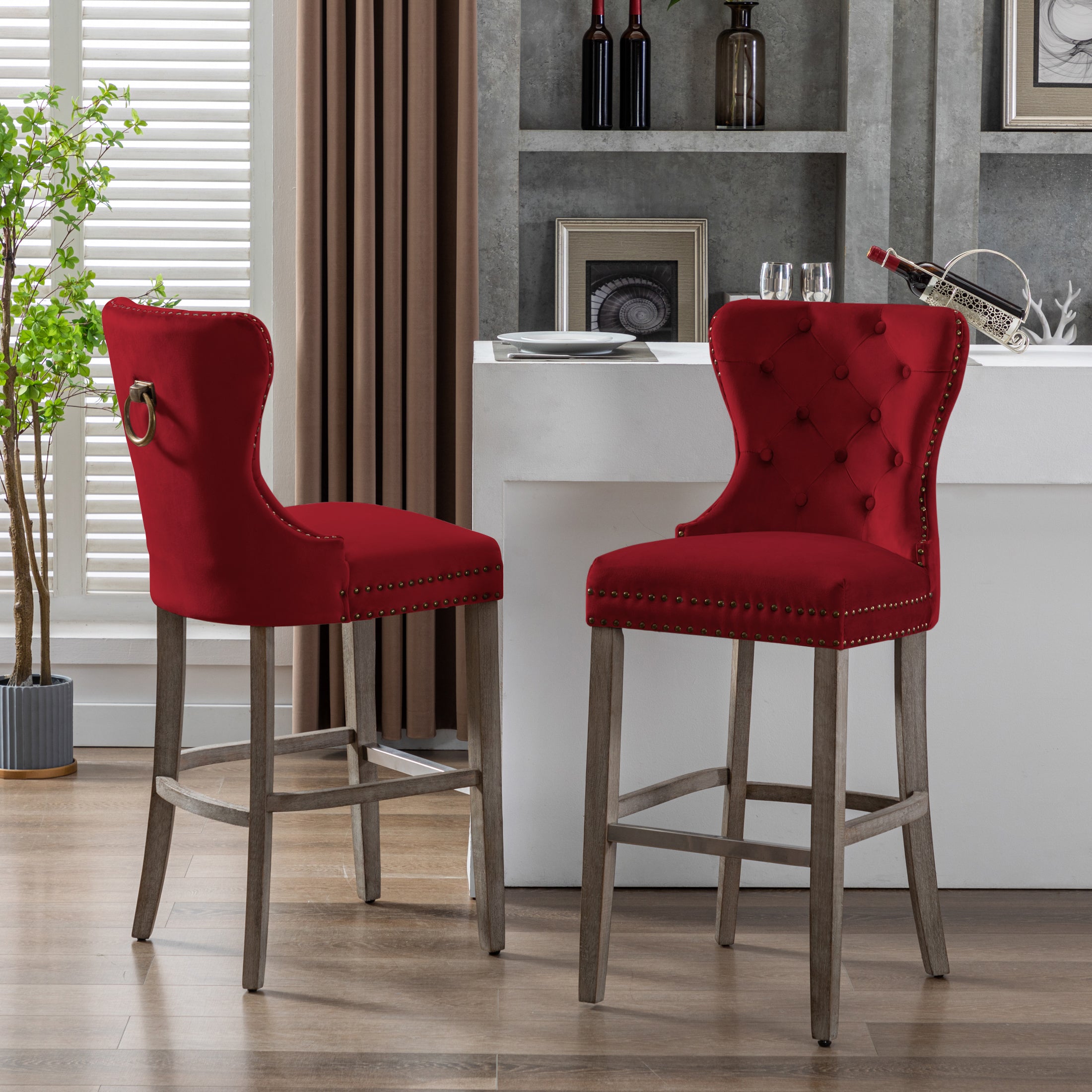 Hank 29" Tufted Velvet Bar Stool (Set of 2), Antique Gray