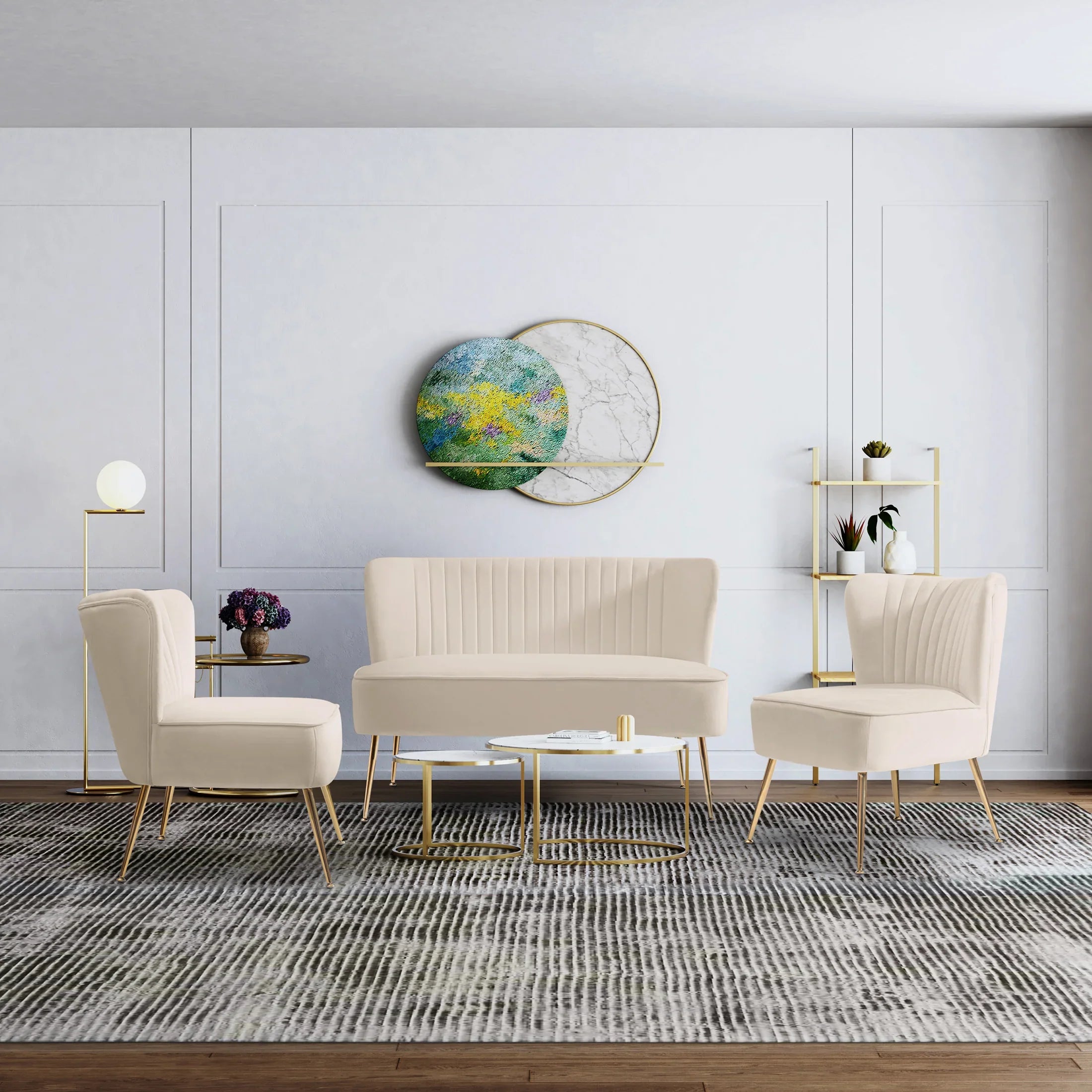 Alaia Mid Century Modern Tufted Velvet Loveseat Sofa and 22" Accent Chair 3-Piece Set