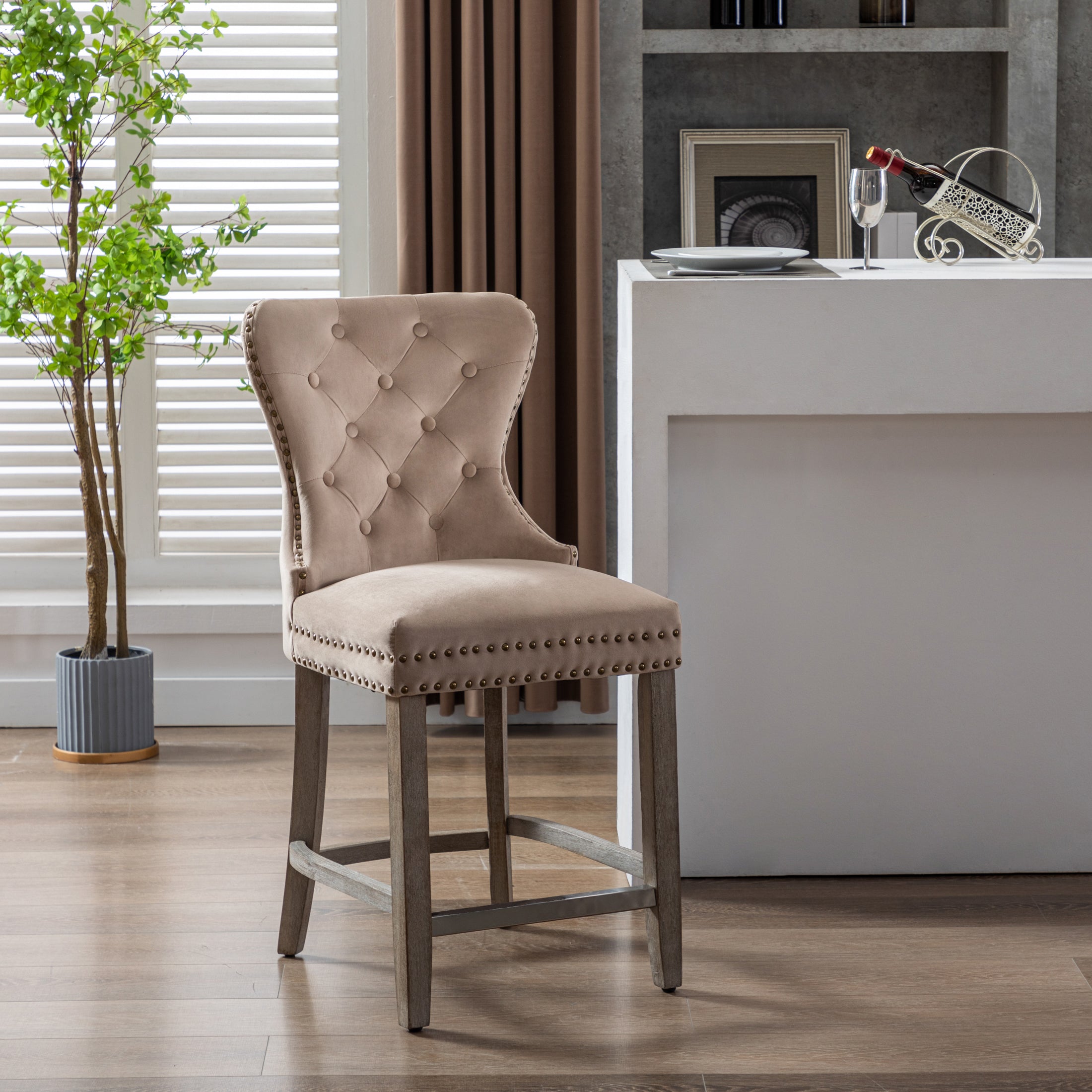 Hank 24" Tufted Velvet Counter Stool, Antique Gray