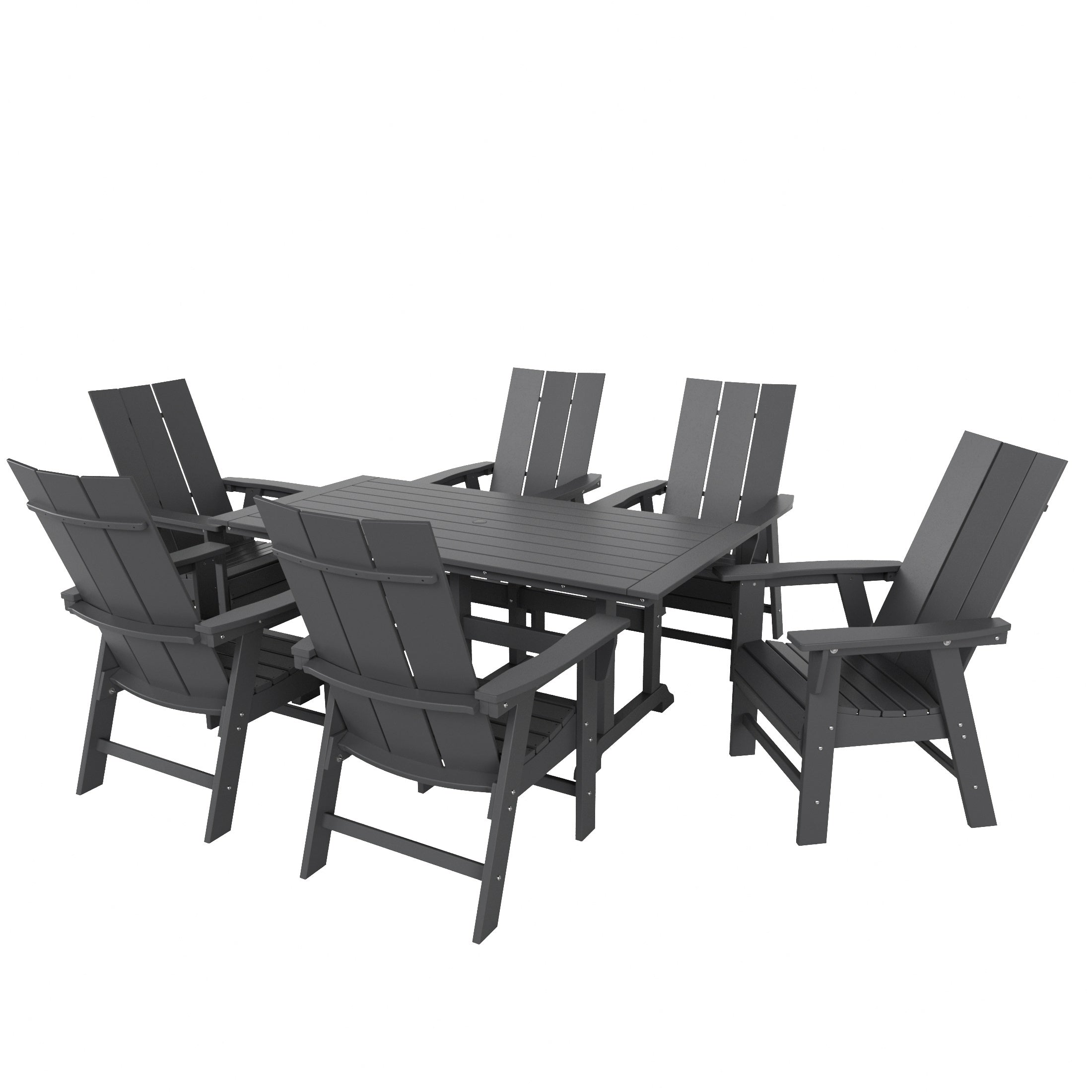 Palms 7 Piece Outdoor Patio Dining Table and Modern Adirondack Armchair Set