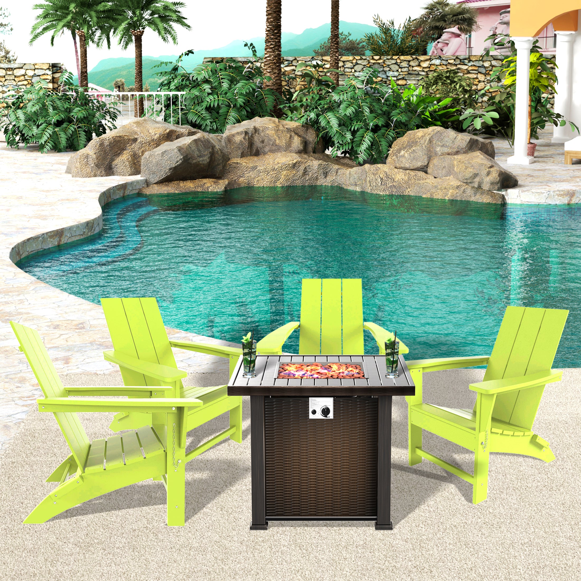 Palms Modern Folding Poly Adirondack Chair With Square Fire Pit Table