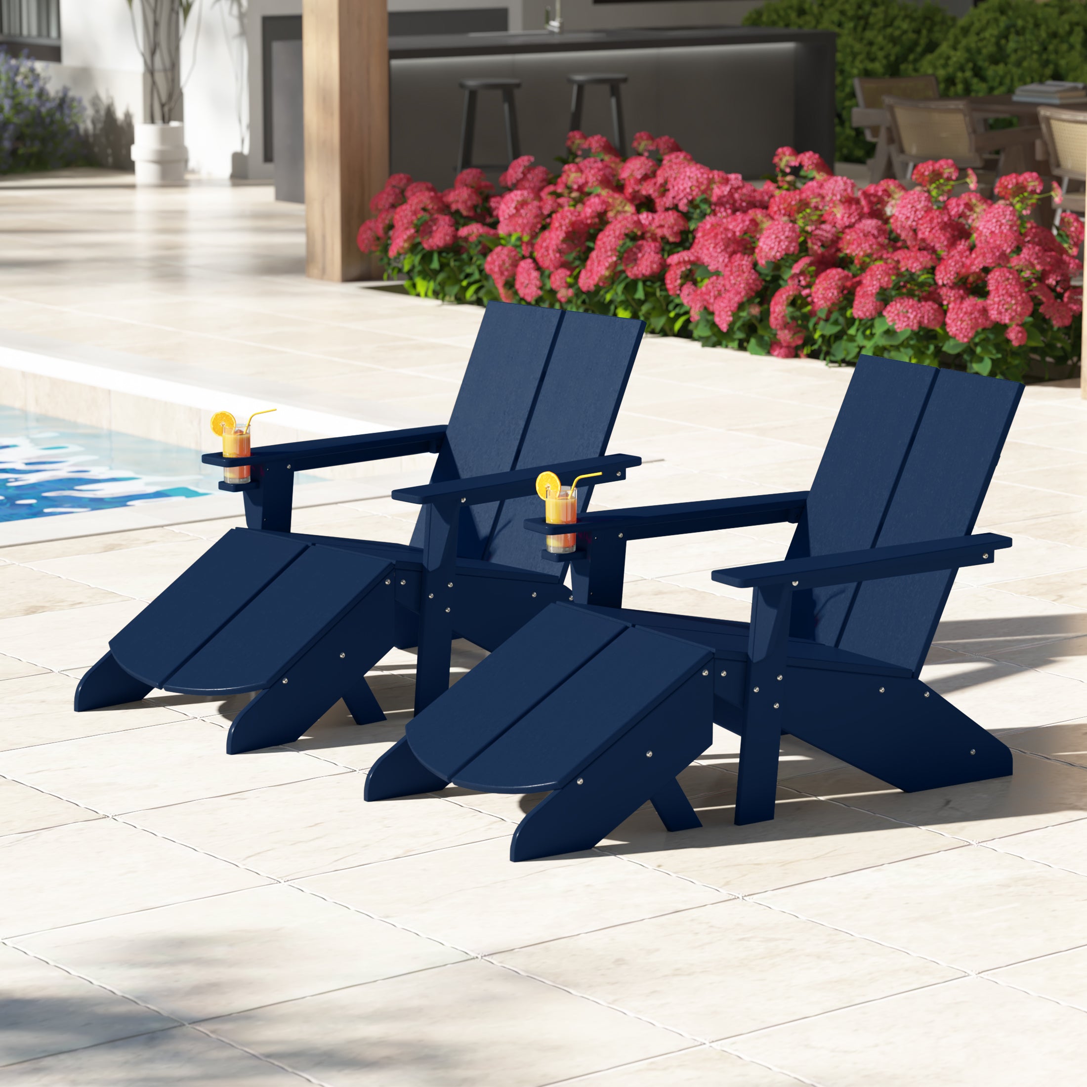 Seaview Outdoor 4-Piece HDPE Modern Adirondack Chairs Set with Folding Patio Ottomans and Cup Holder