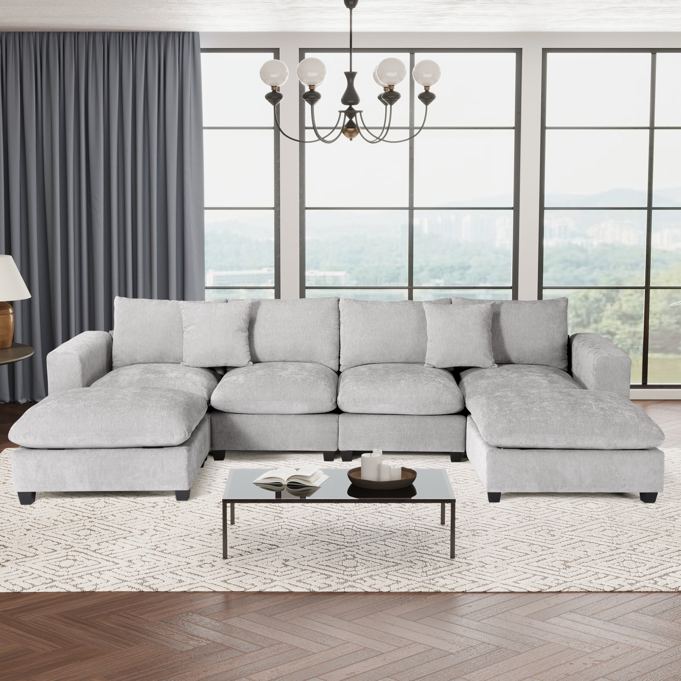 Springfield 128" Chenille Modular U-Shaped Sectional Couch and Chaise With USB/Type-C Ports and Side Pockets