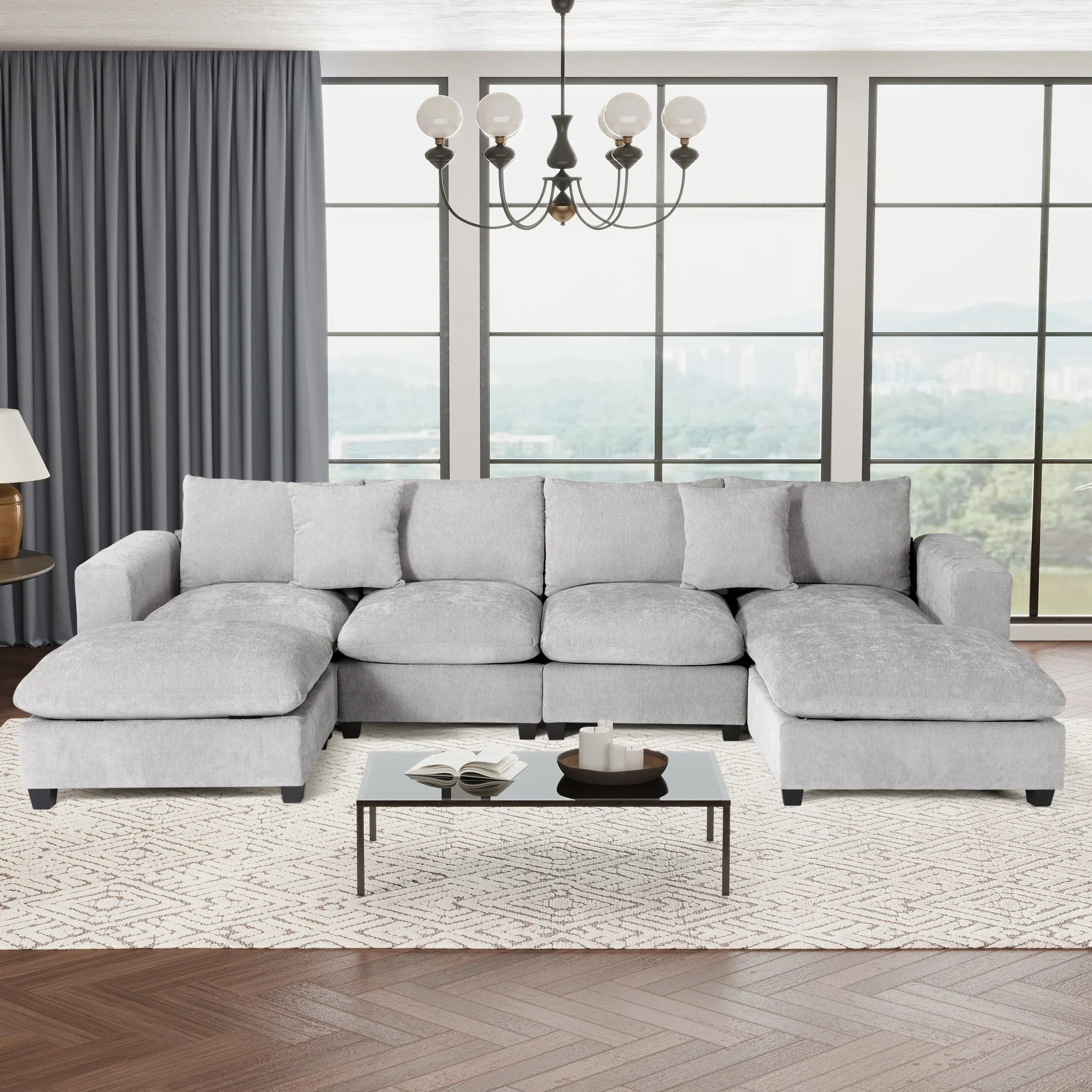 Springfield 128" Chenille Modular U-Shaped Sectional Couch and Chaise With USB/Type-C Ports and Side Pockets