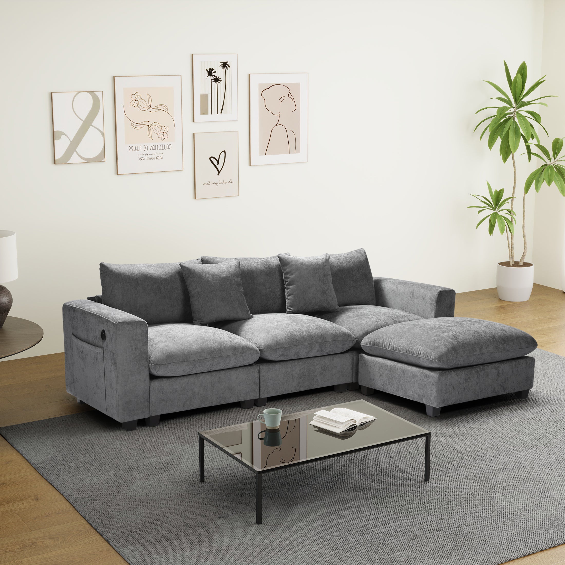 Springfield 99" Modular Chenille L-Shaped Sectional Sofa and Chaise With USB/Type-C Ports and Side Pockets