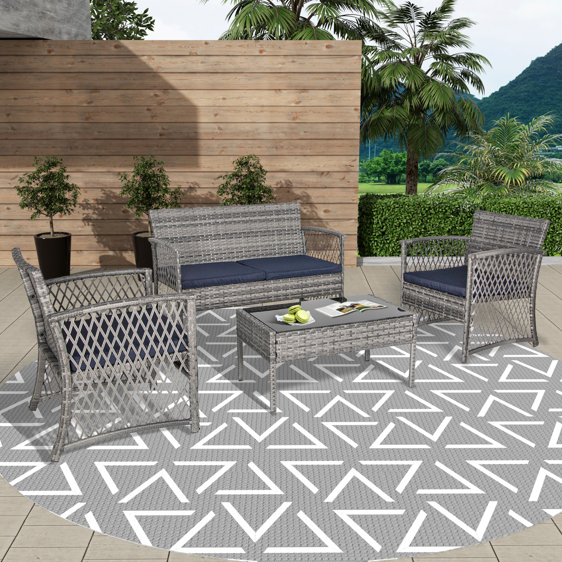 Estela 4-Piece set Coffee color base Outdoor / Patio Woven Rattan Conversation Sofa set with cushions a Coffee table ( 4 seater )