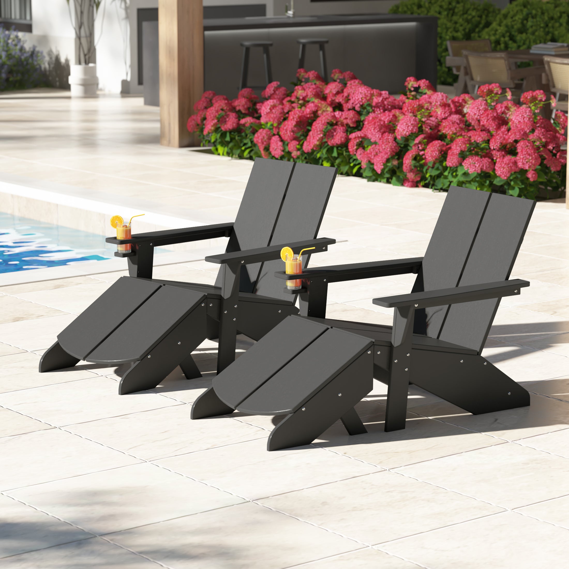Seaview Outdoor 4-Piece HDPE Modern Adirondack Chairs Set with Folding Patio Ottomans and Cup Holder