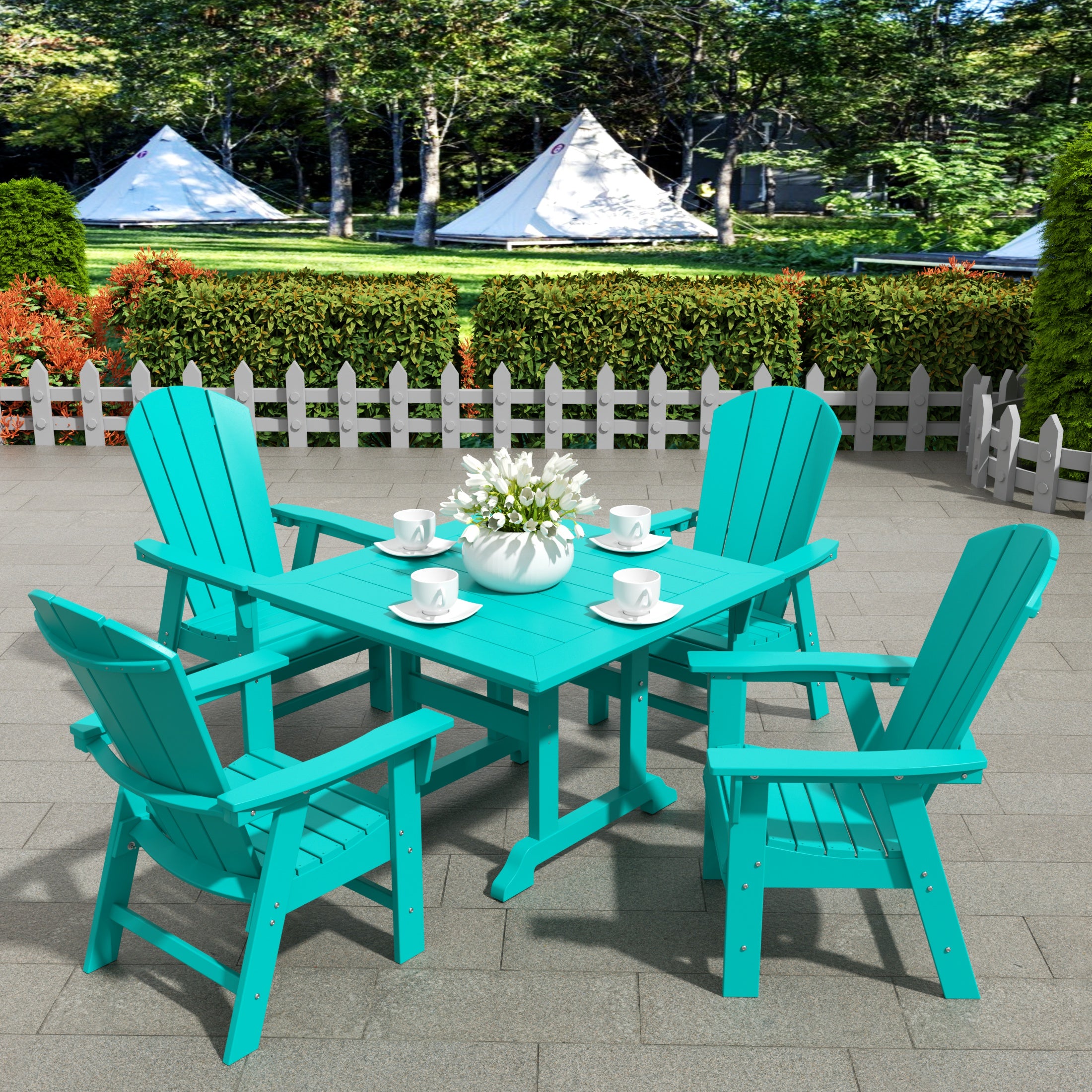 Paradise 5 Piece Outdoor Patio Dining Square Table and Curved Back Armchair Set