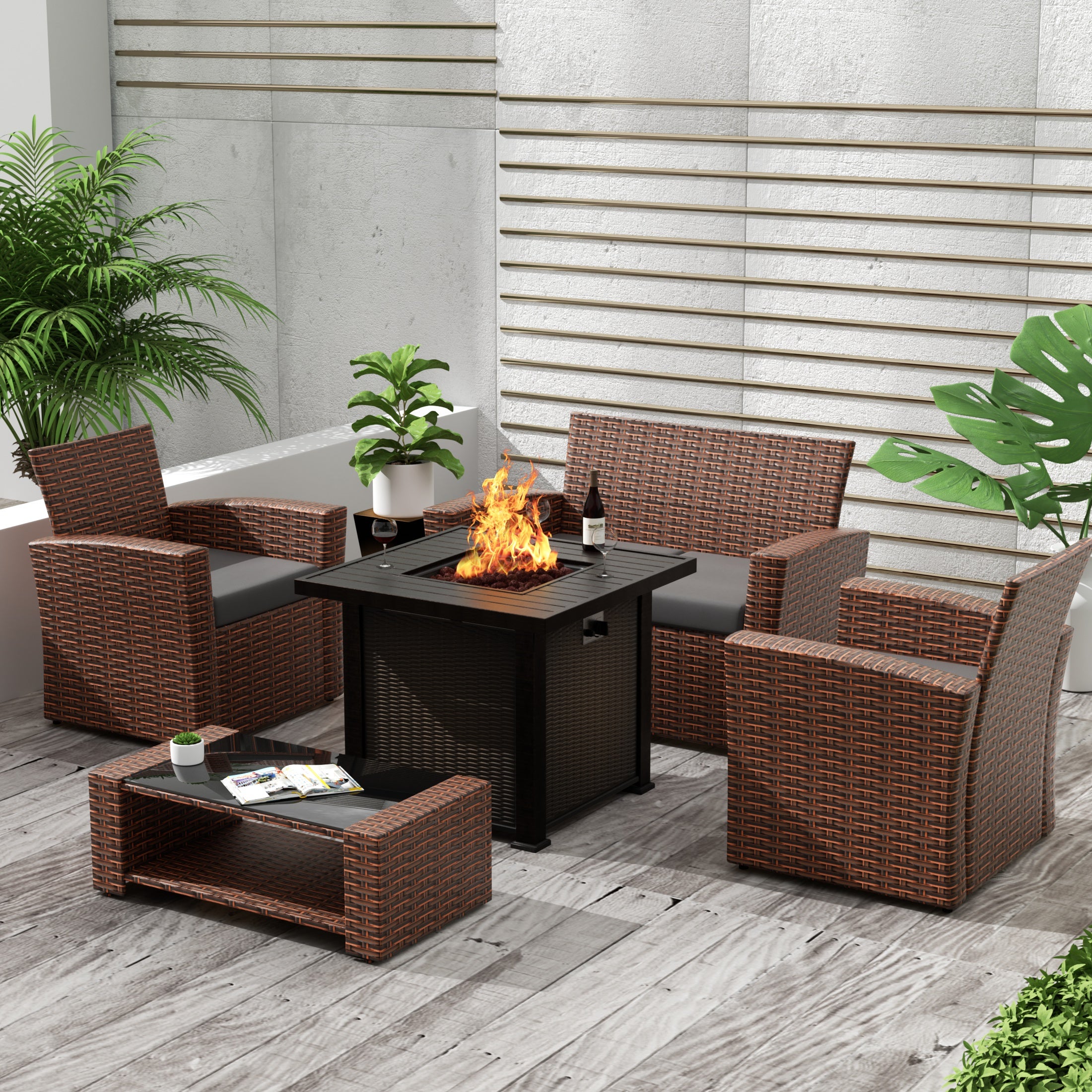 Wynston 4-Piece Conversation Outdoor Patio Sofa Set with Square Fire Pit Table, Brown