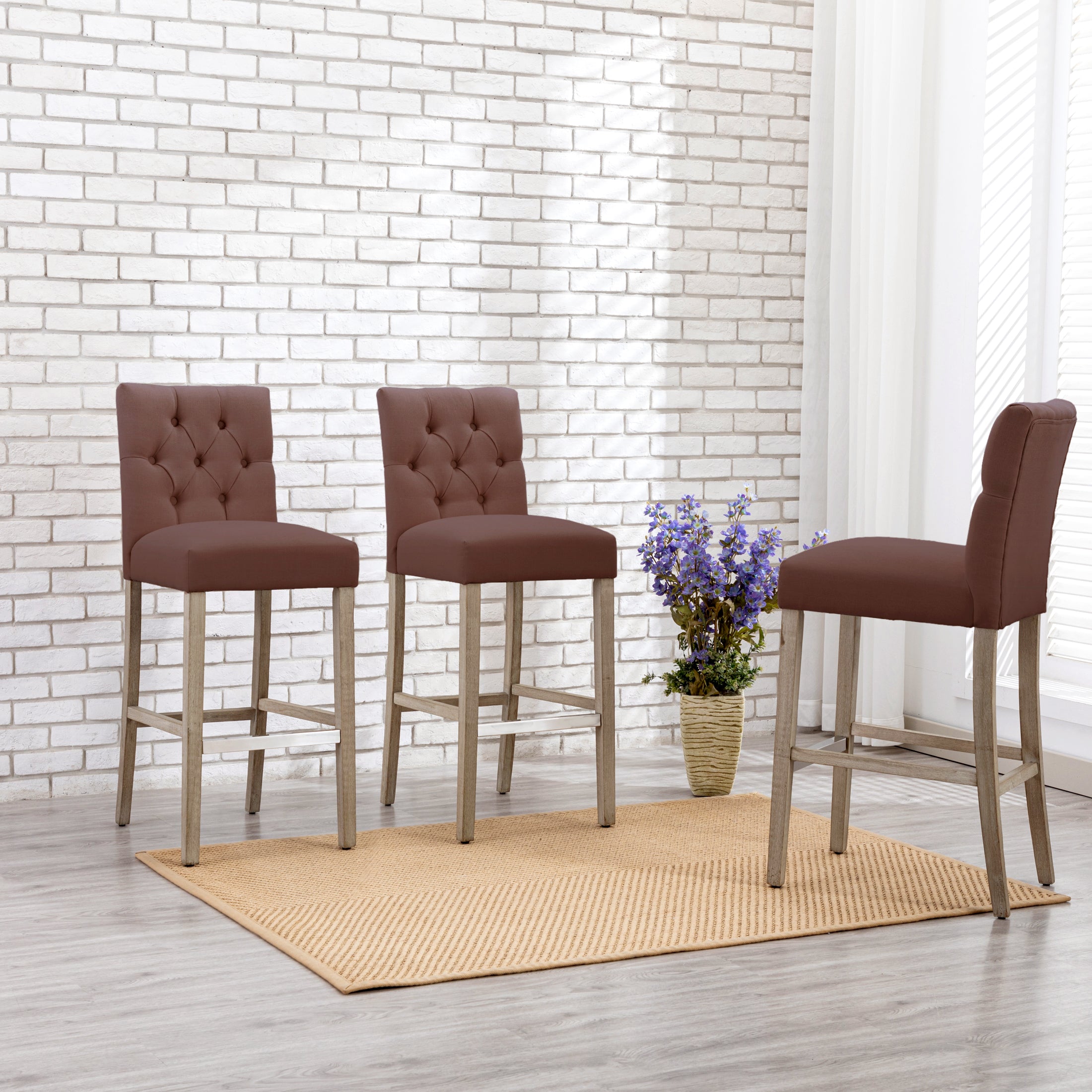 Bellmount 29" Upholstered Wood Bar Stool with Tufted Back (Set of 3)