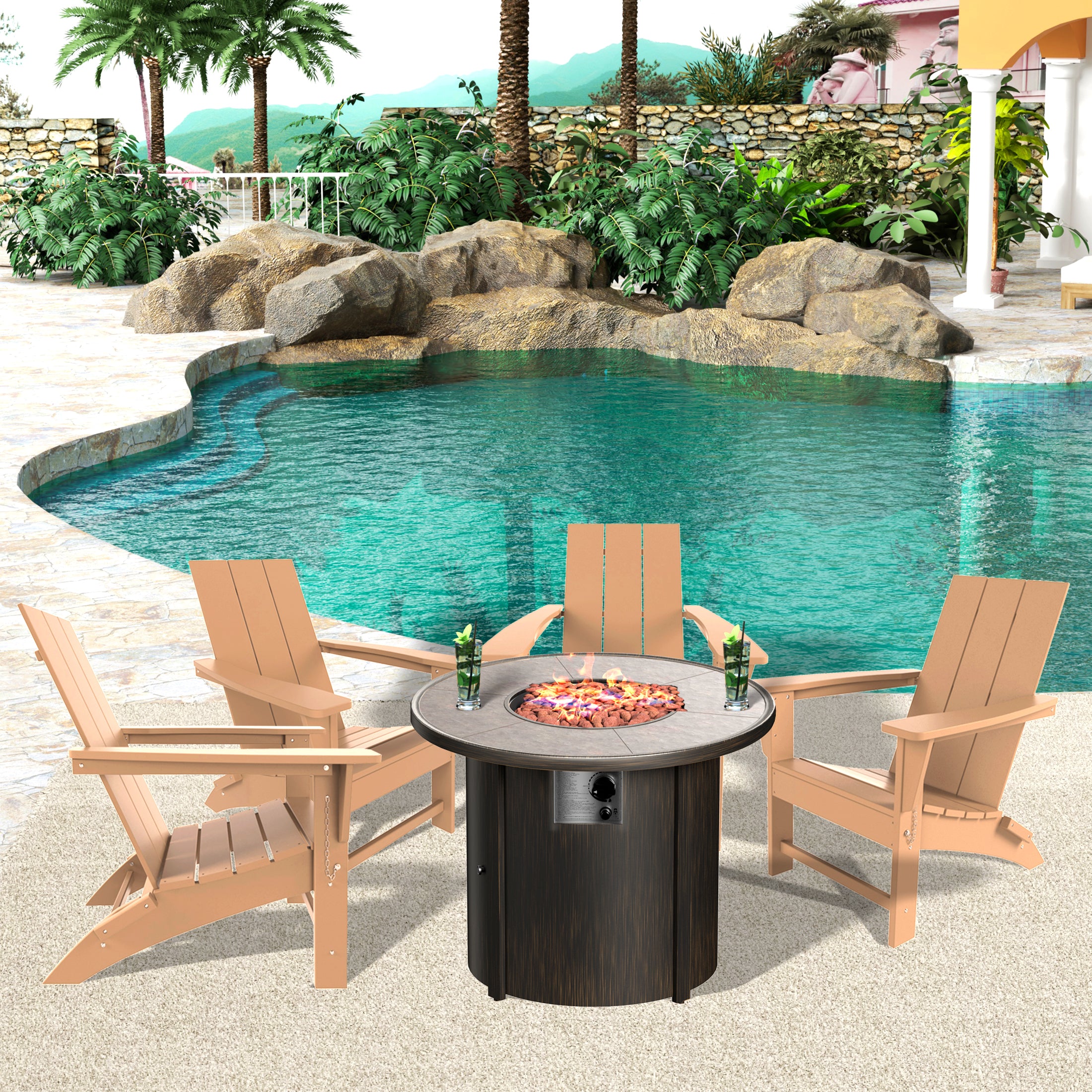 Palms Modern Folding Poly Adirondack Chair With Round Fire Pit Table
