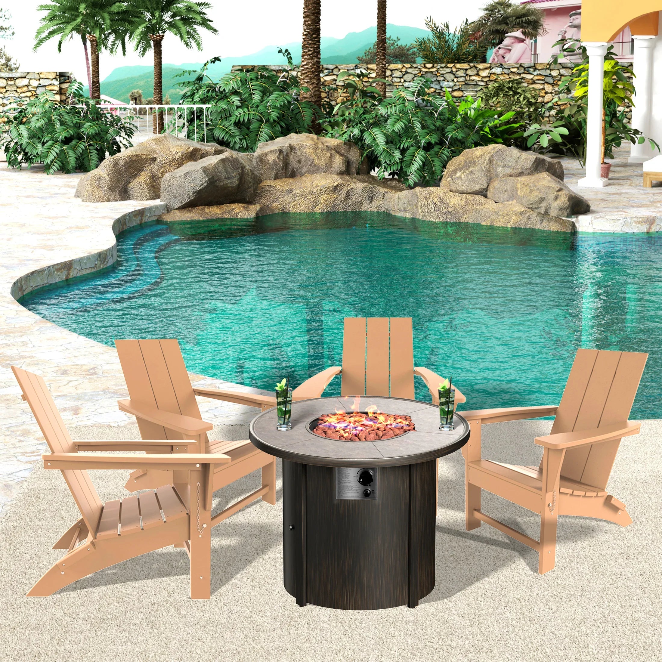 Palms Modern Folding Poly Adirondack Chair With Round Fire Pit Table