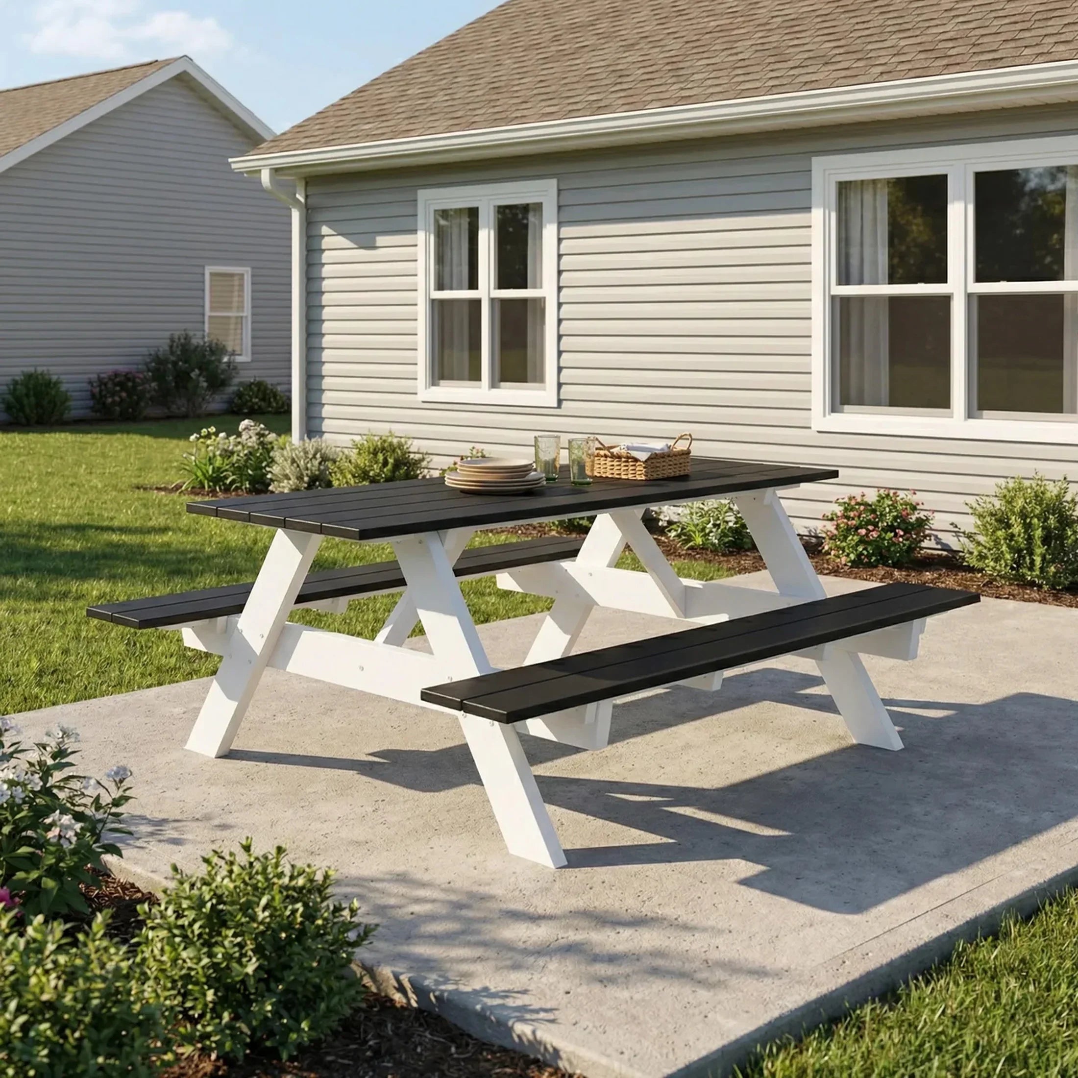 Macon Outdoor 70" HDPE Plastic Picnic Table Bench With Umbrella Hole