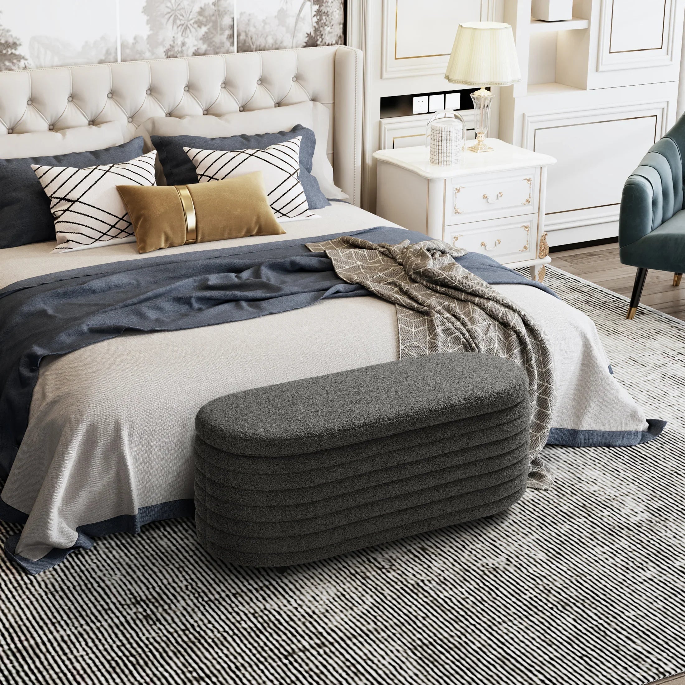 Celine 42" Wide Mid-Century Modern Upholstered Teddy Sherpa Tufted Oval Storage Ottoman Bench
