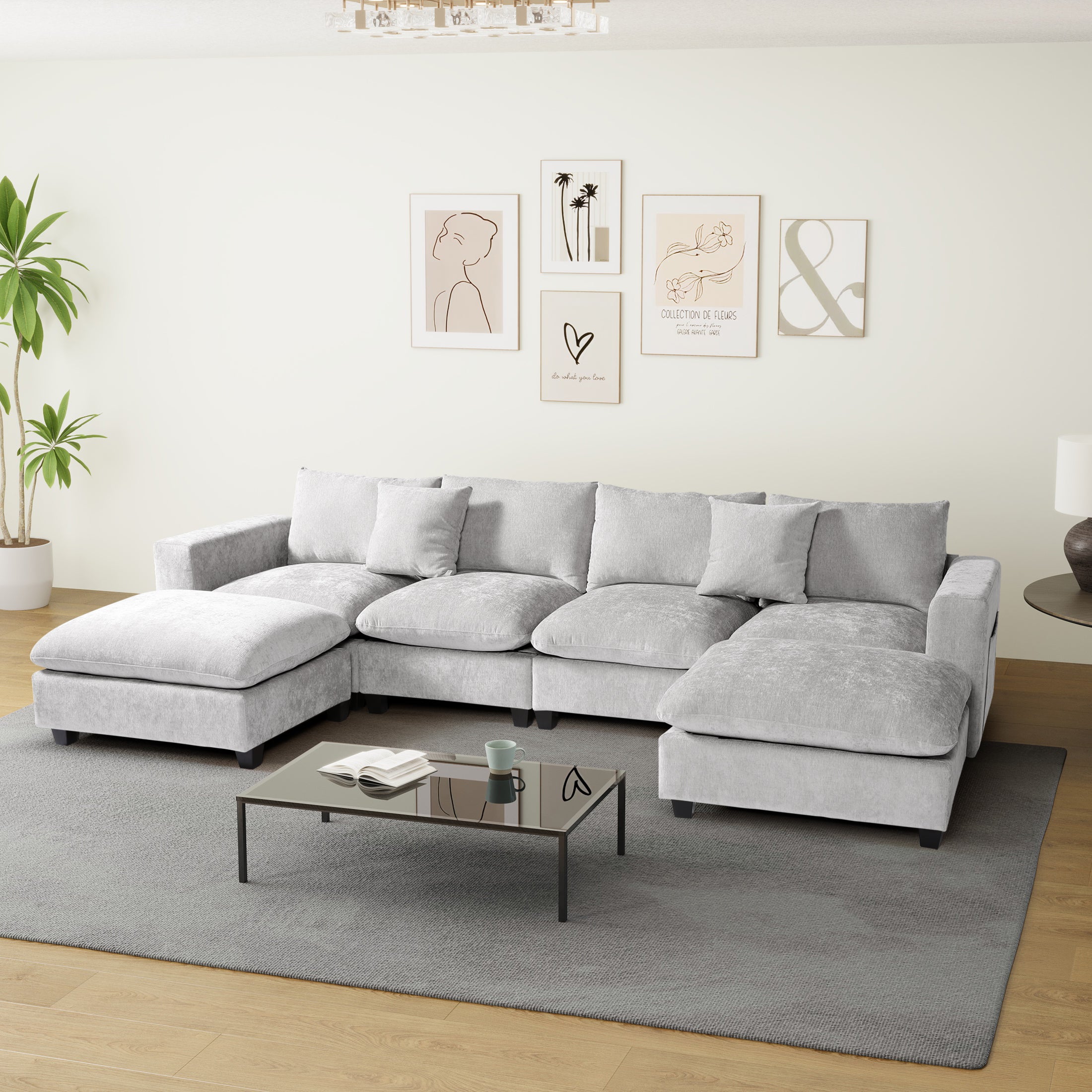 Springfield 128" Chenille Modular U-Shaped Sectional Couch and Chaise With USB/Type-C Ports and Side Pockets
