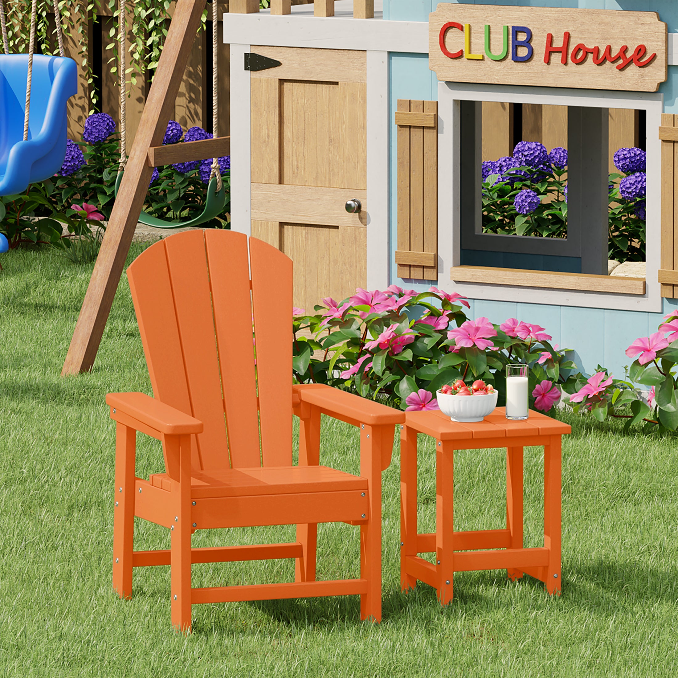 Paradise 2-Piece Kids Outdoor HDPE Adirondack Chair With Square Side Table Set