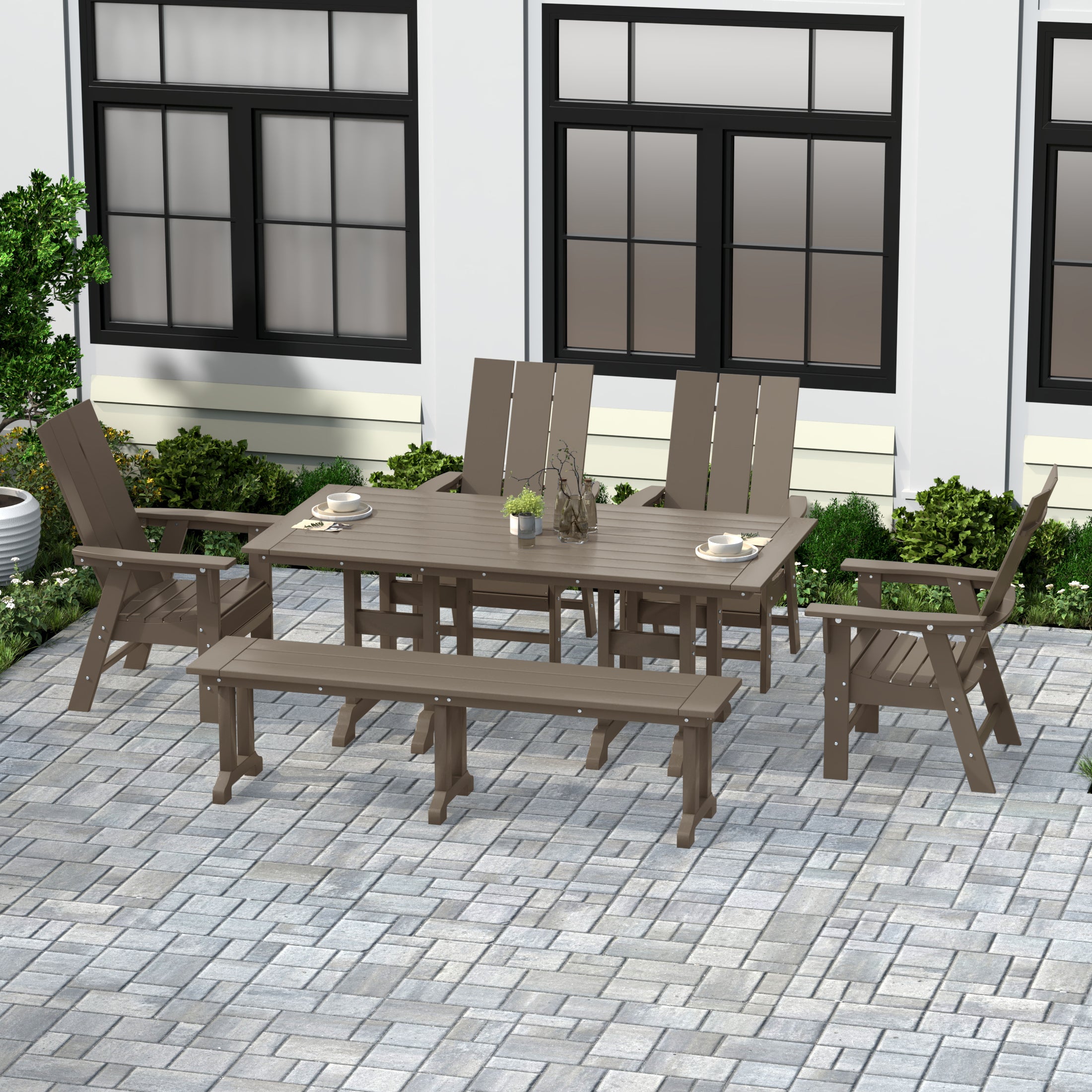 Palms 6 Piece Outdoor Patio Dining Table and Armchair Dining Bench Set
