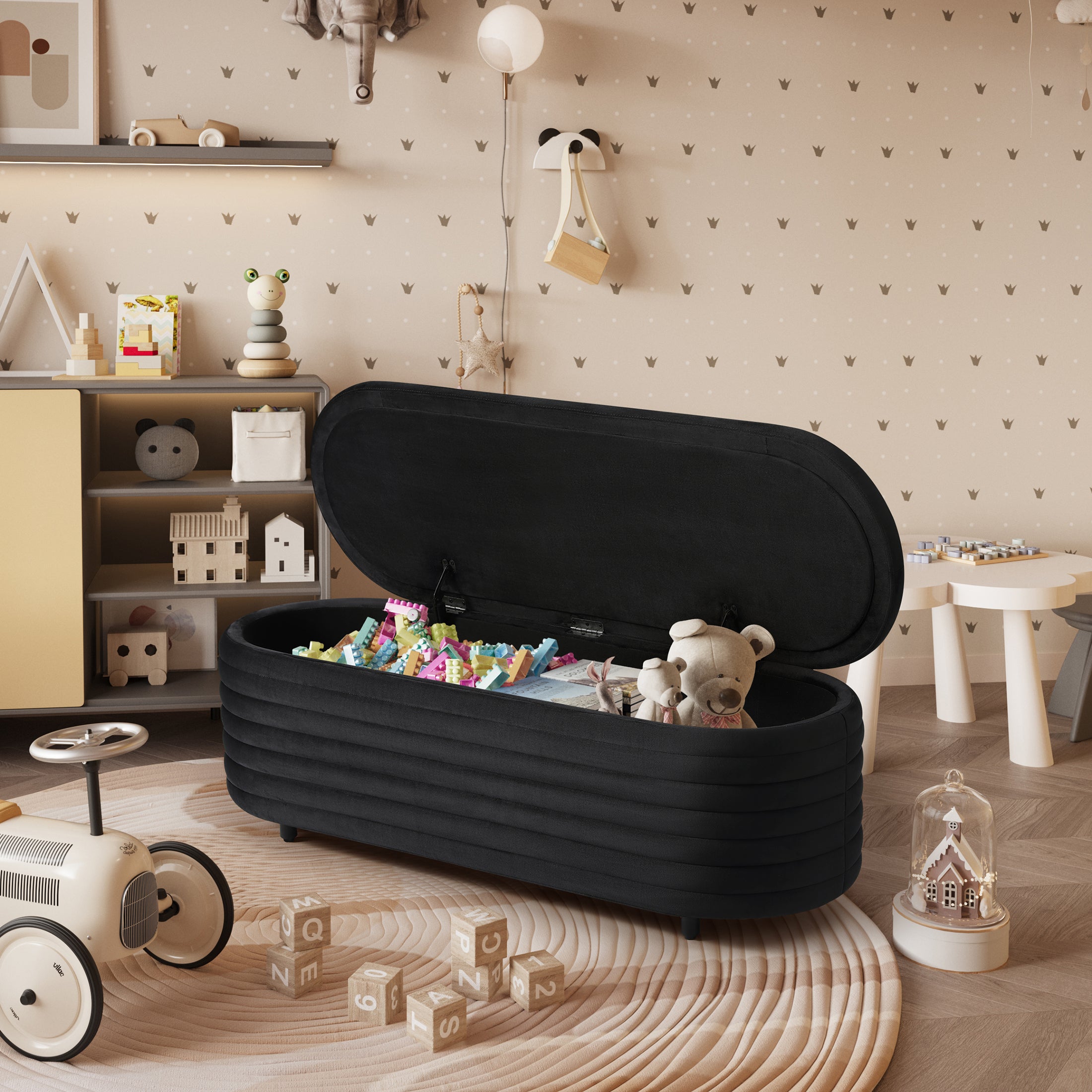 Alaia 54" Wide Mid-Century Modern Upholstered Velvet Tufted Oval Storage Ottoman Bench