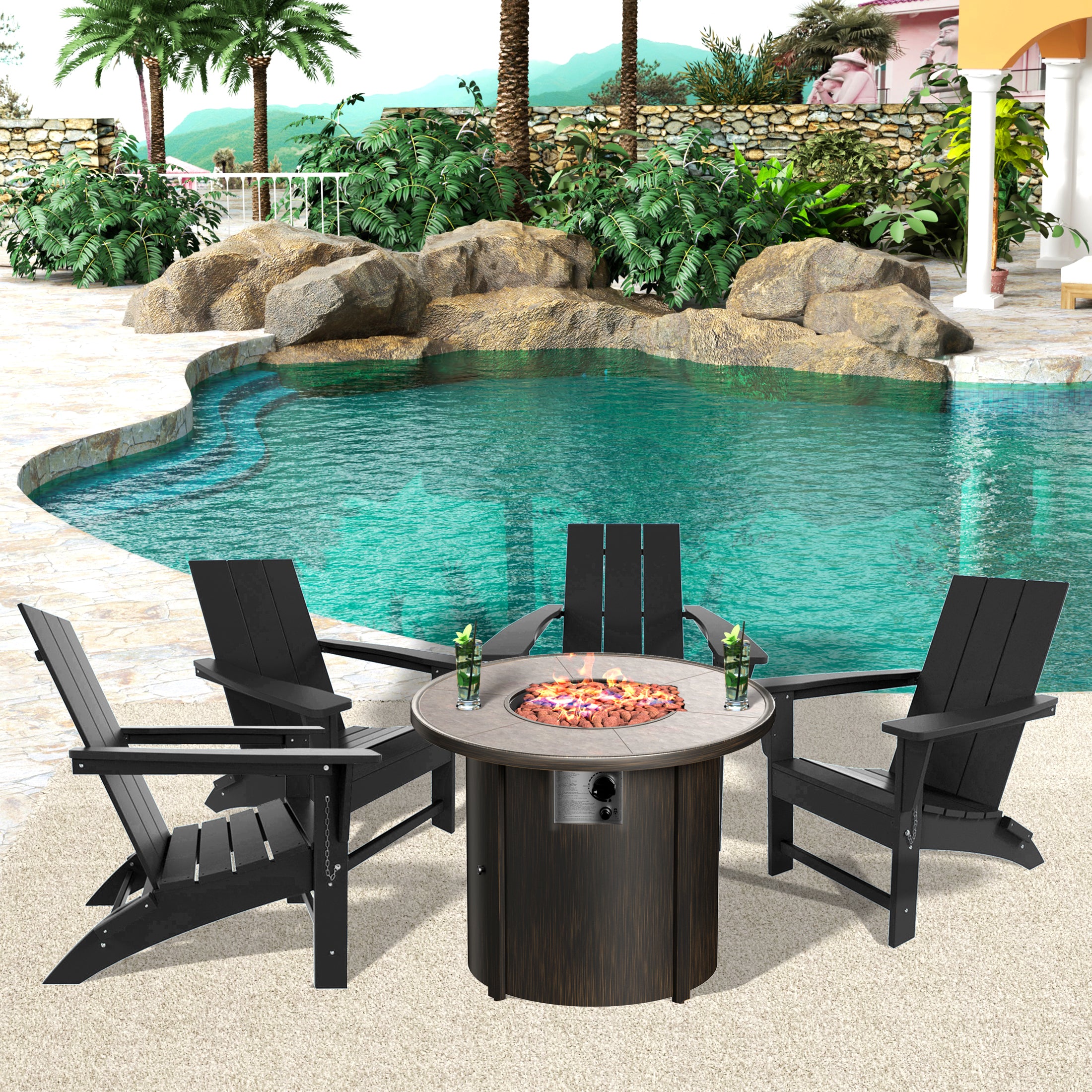 Palms Modern Folding Poly Adirondack Chair With Round Fire Pit Table