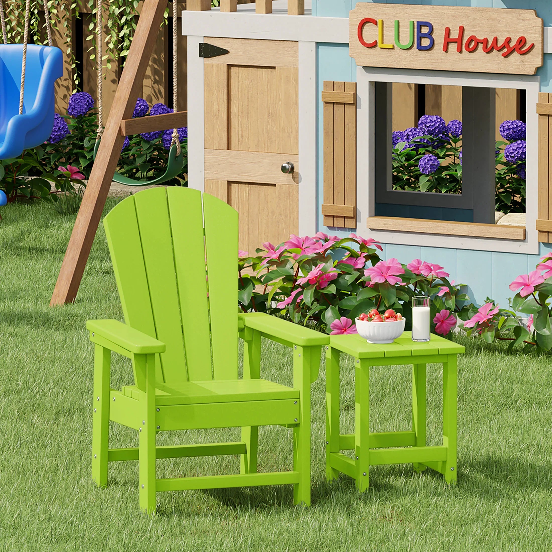 Paradise 2-Piece Kids Outdoor HDPE Adirondack Chair With Square Side Table Set