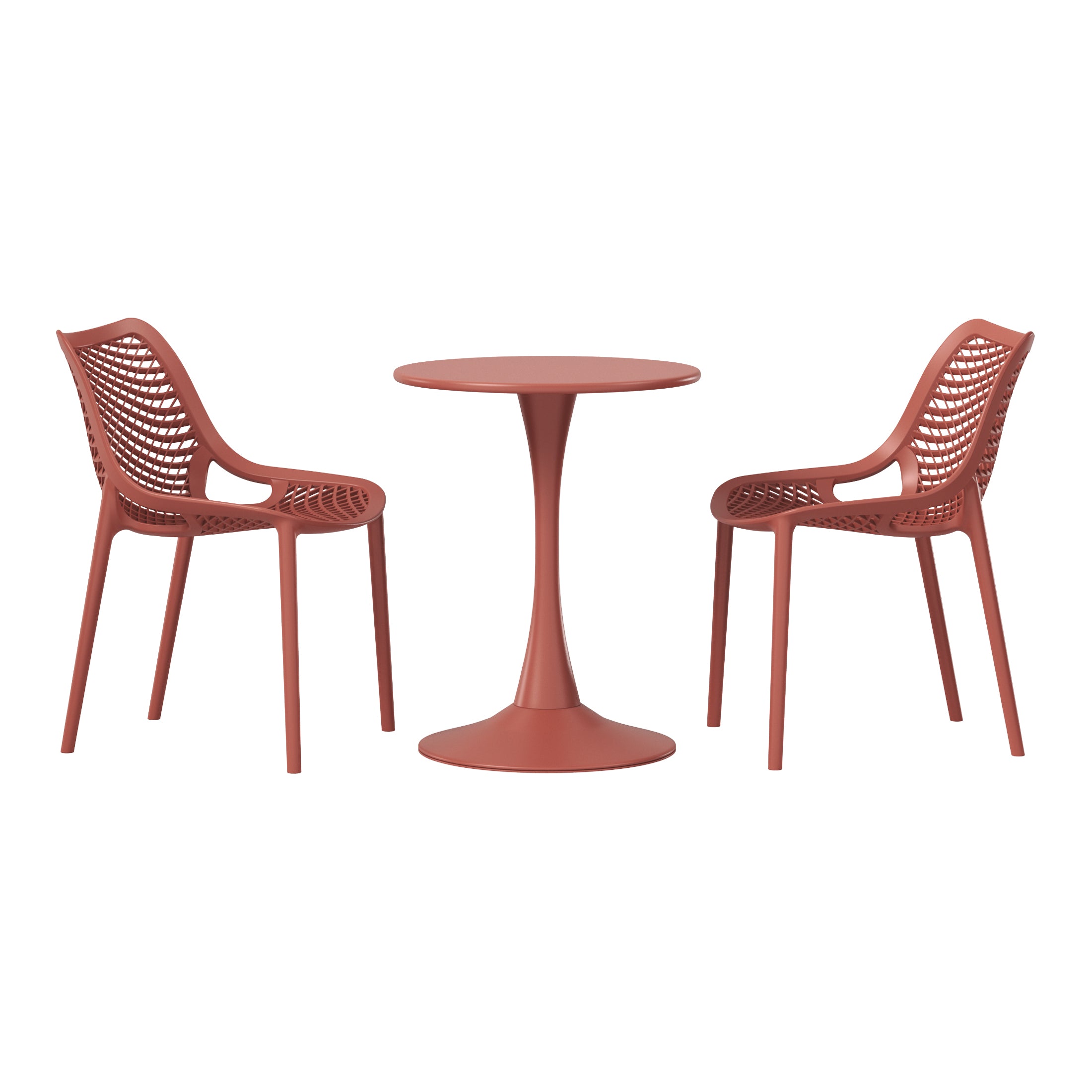 Sunshine 3-Piece Outdoor Round Metal Dining Table Set And Stackable Resin Patio Dining Side Chairs