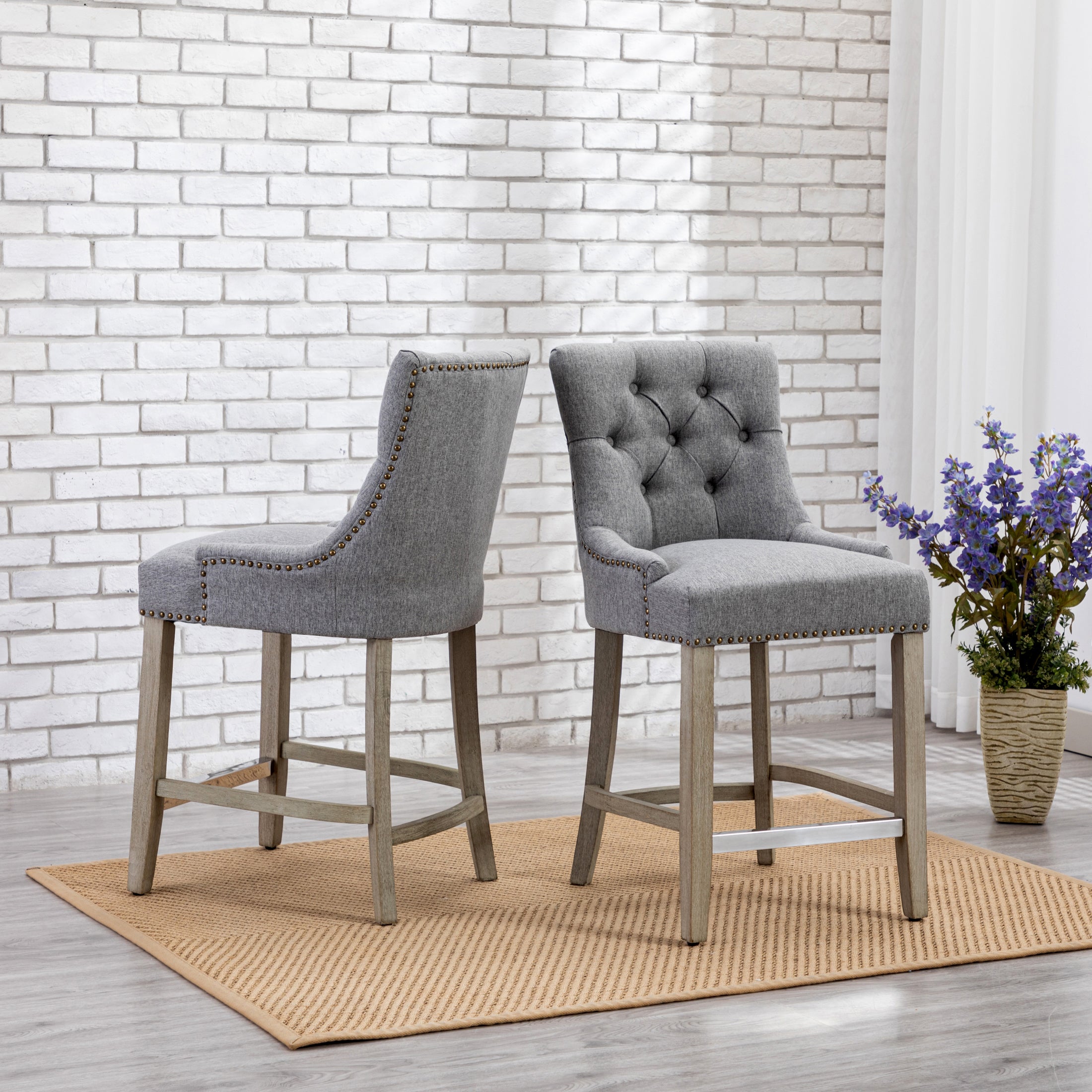 Bellmount 24" Upholstered Wood Bar Stool with Tufted Back (Set of 2)