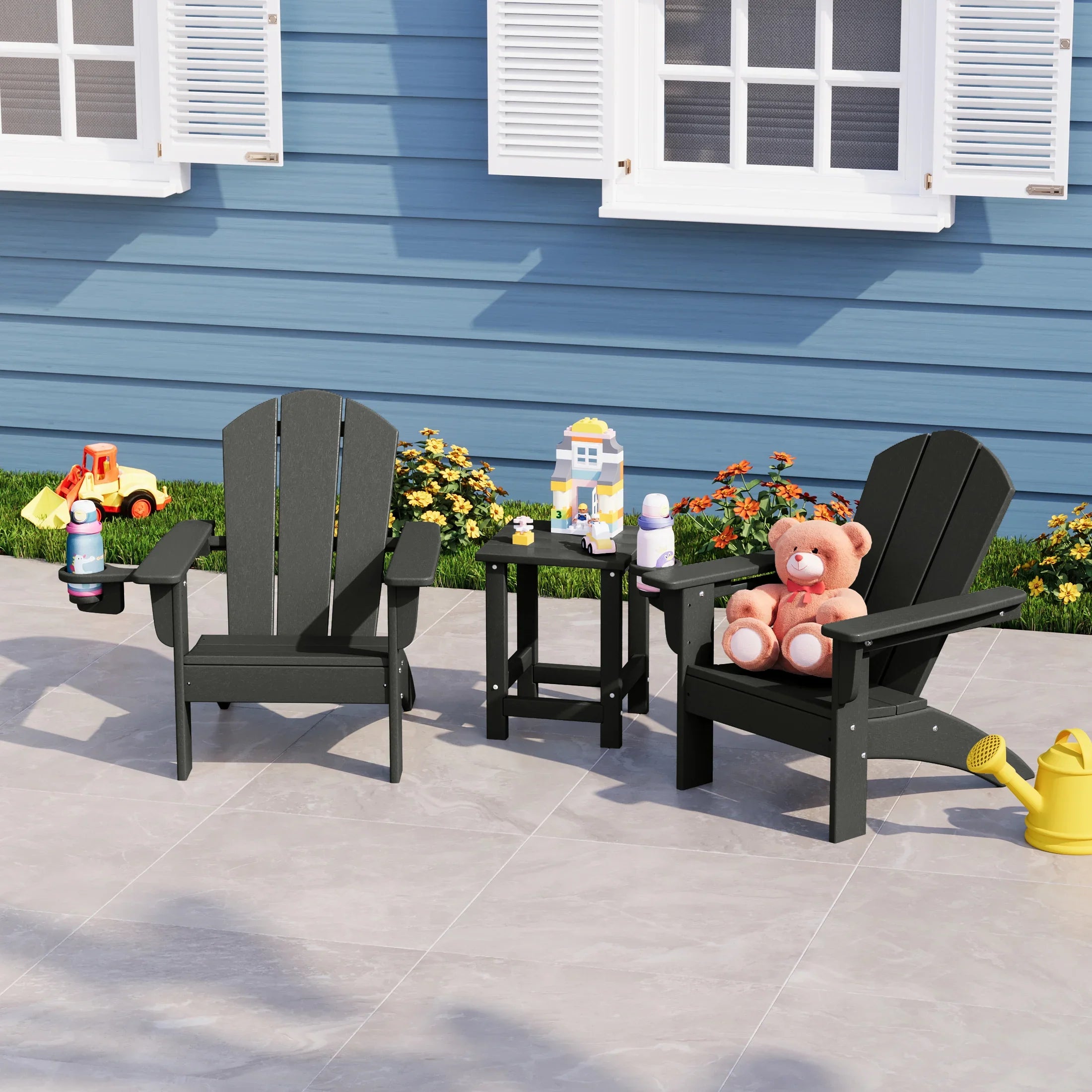 Paradise 3-Piece Kids HDPE Adirondack Chairs Set with Square Side Table and Cup Holders