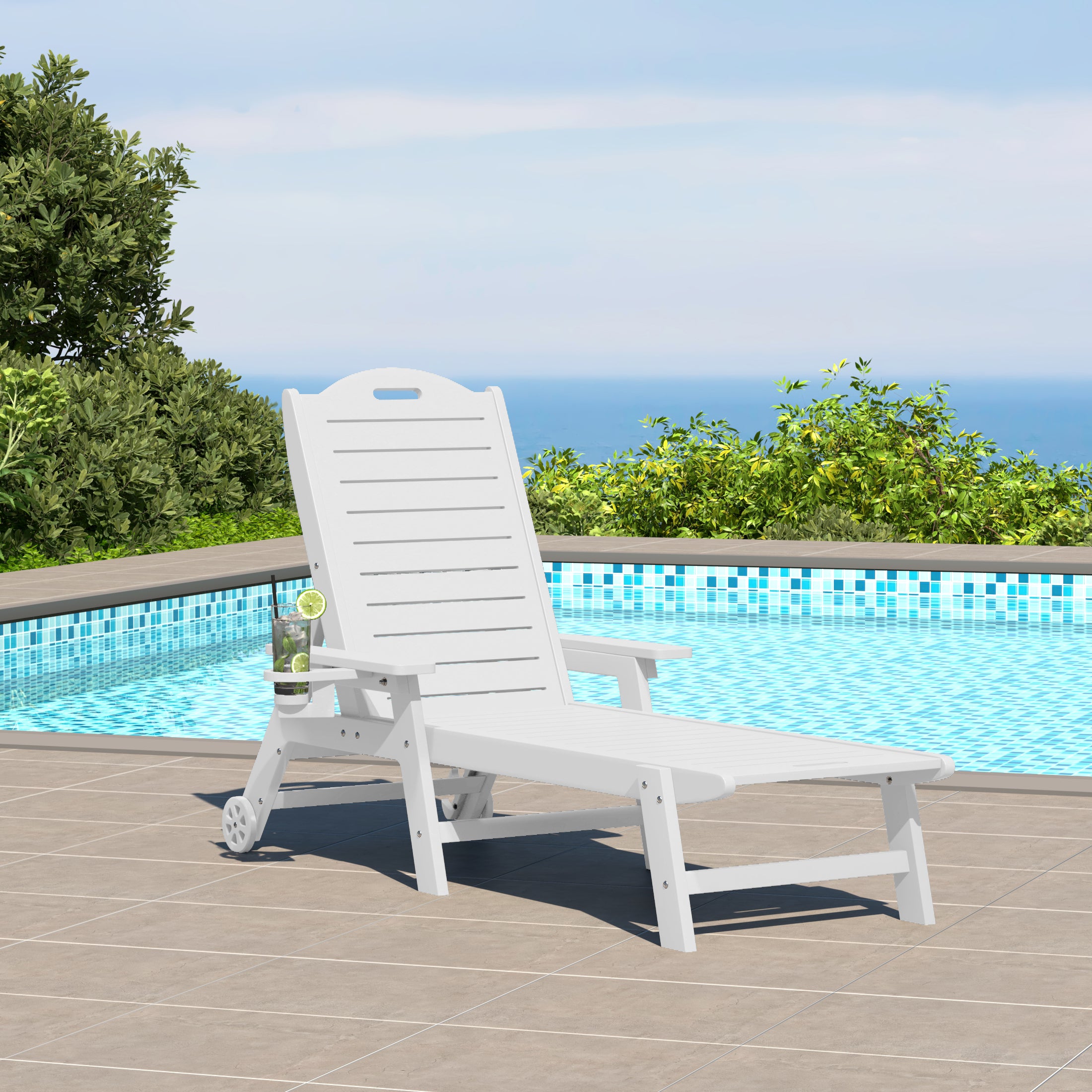 Lago Outdoor HDPE Patio Chaise Lounge With Wheels & Cup Holder