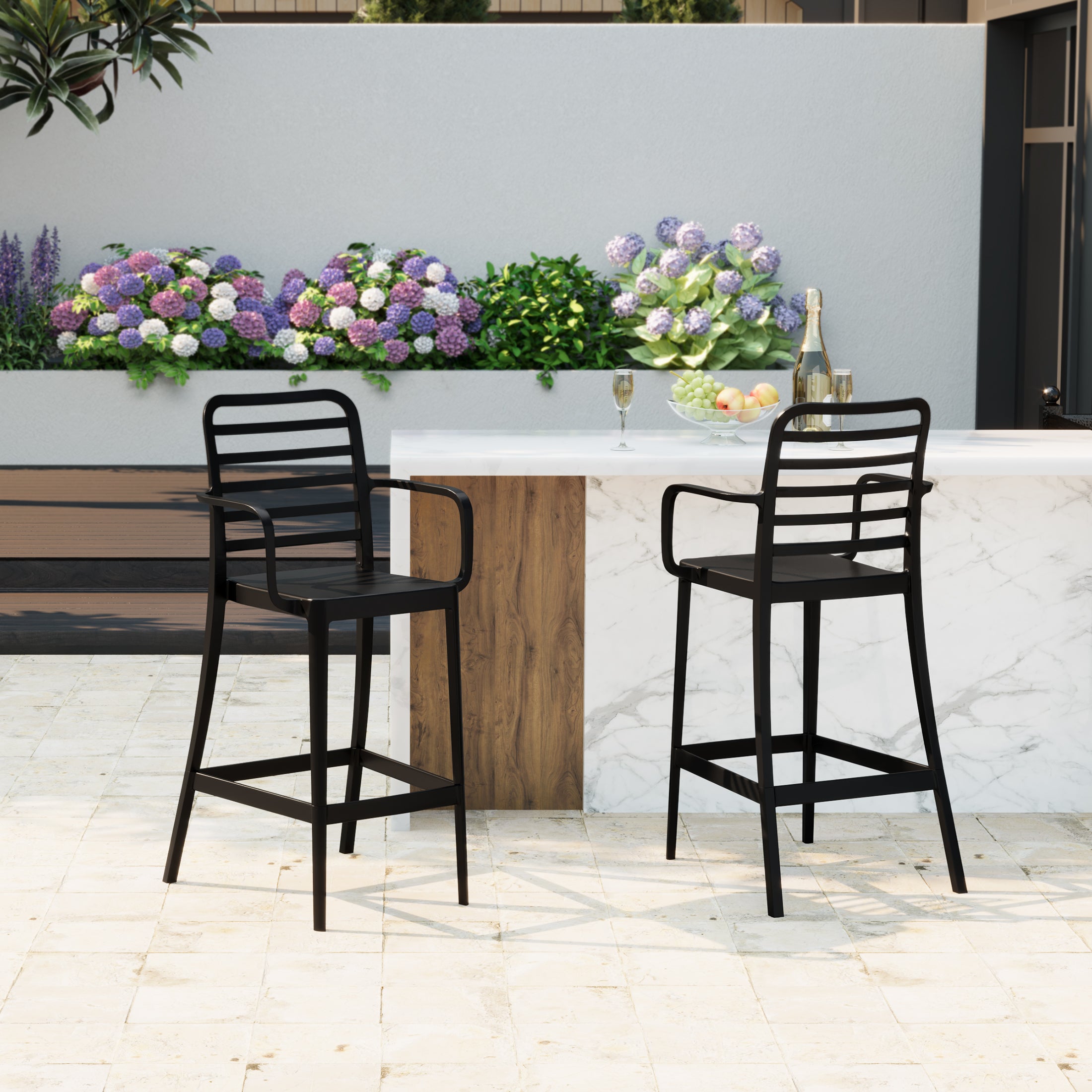 Sunshine 29.5" Outdoor Polypropylene Plastic Patio Bar Height Stools (Set of 2)