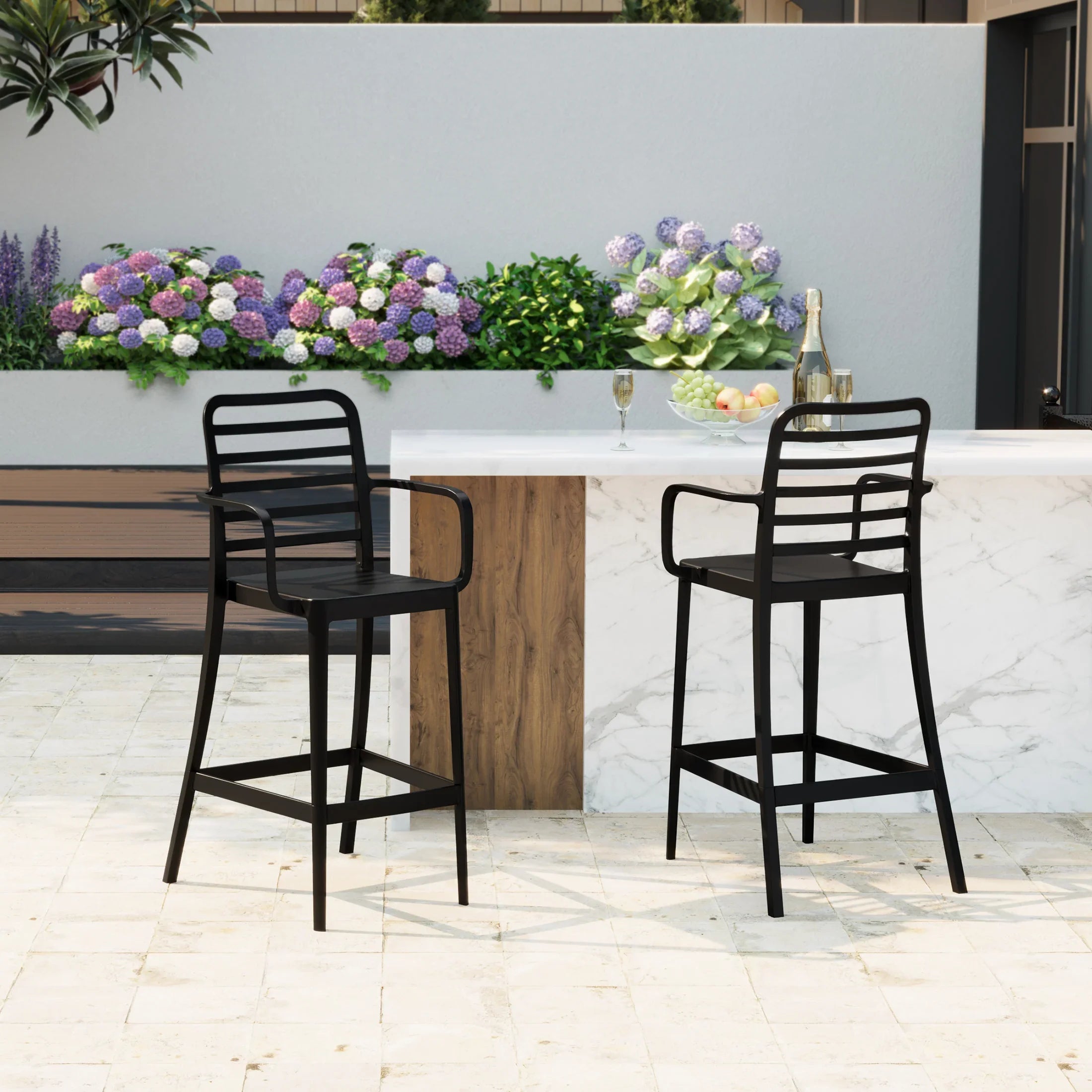 Sunshine 29.5" Outdoor Polypropylene Plastic Patio Bar Height Stools (Set of 2)