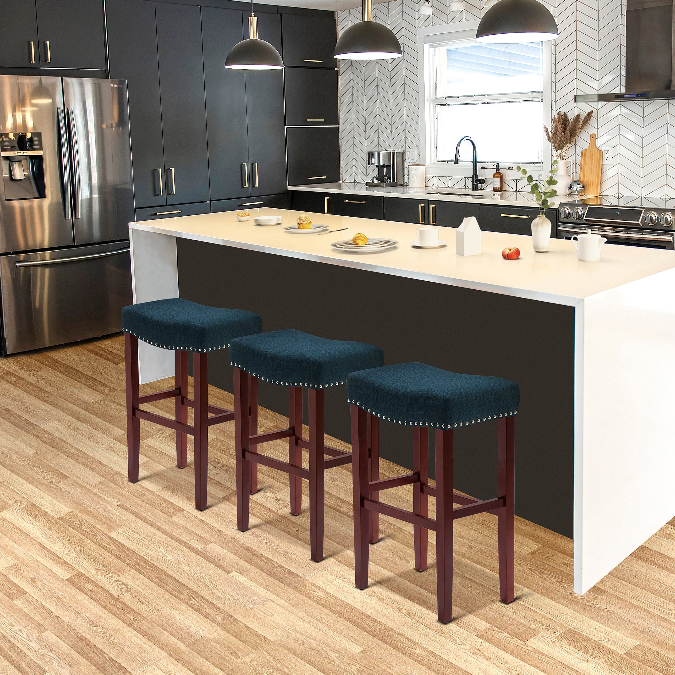 Bulmon 29" Upholstered Saddle Seat Cherry Bar Stools (Set of 3)