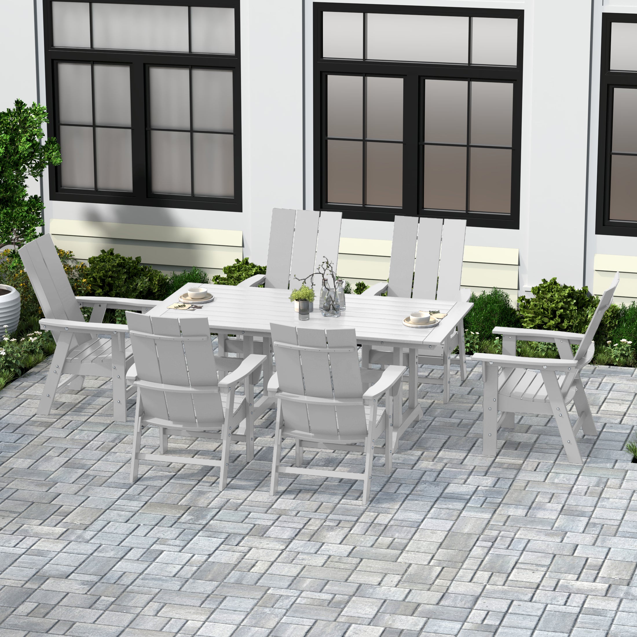 Palms 7 Piece Outdoor Patio Dining Table and Modern Adirondack Armchair Set