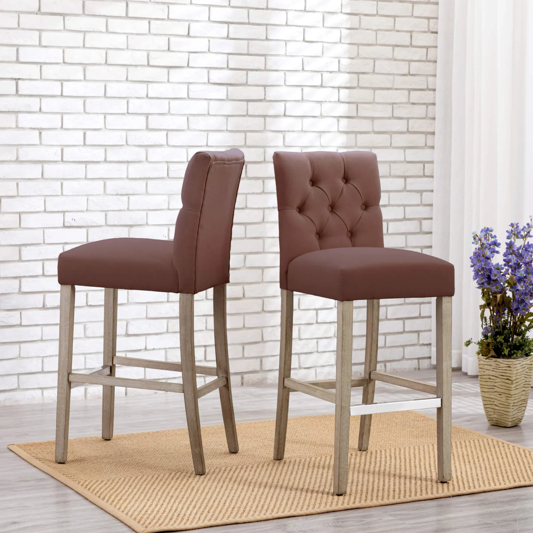 Bellmount 29" Linen Fabric Tufted Counter Stool (Set of 2),Antique Gray