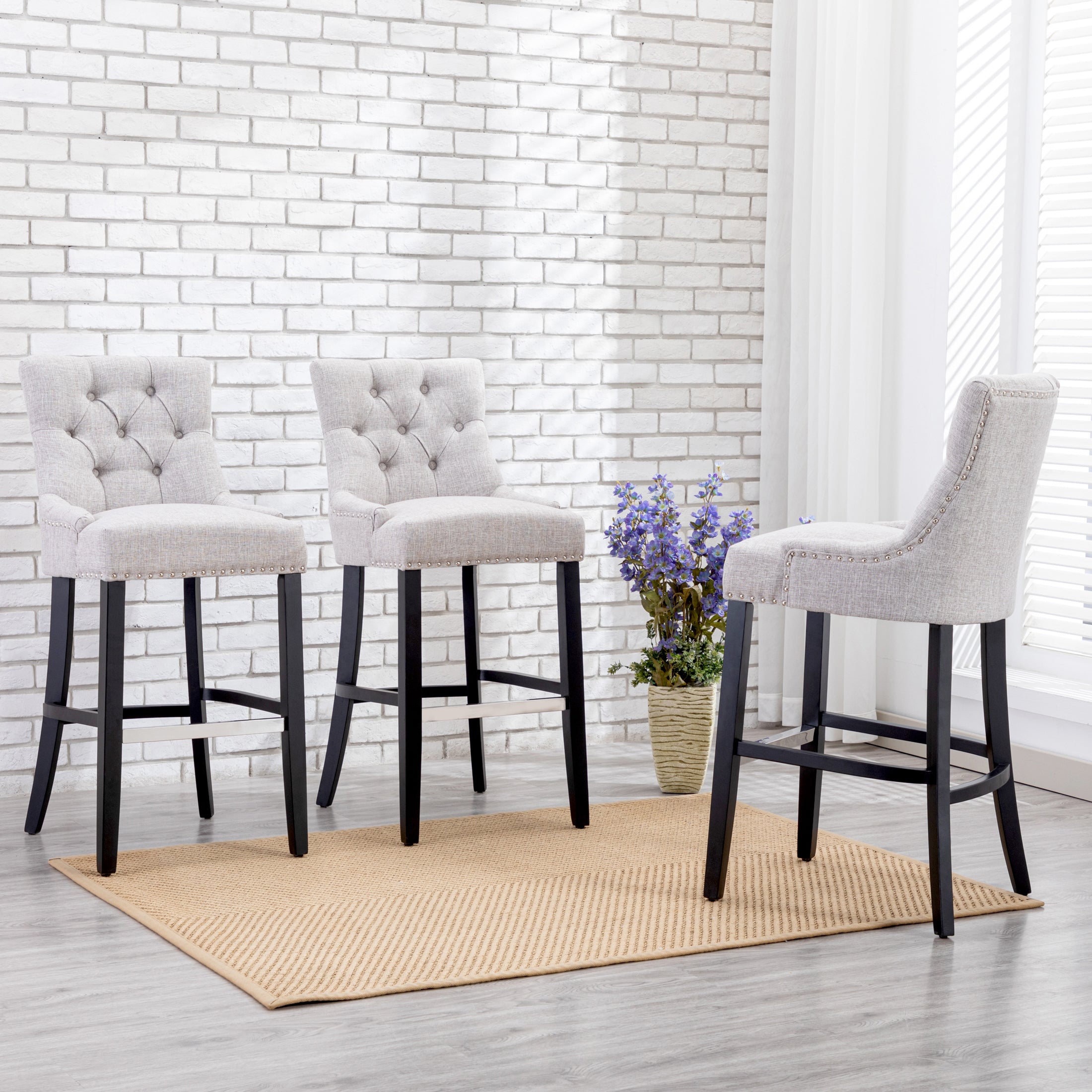 Bellmount 29" Upholstered Wood Bar Stool with Tufted Back (Set of 3)