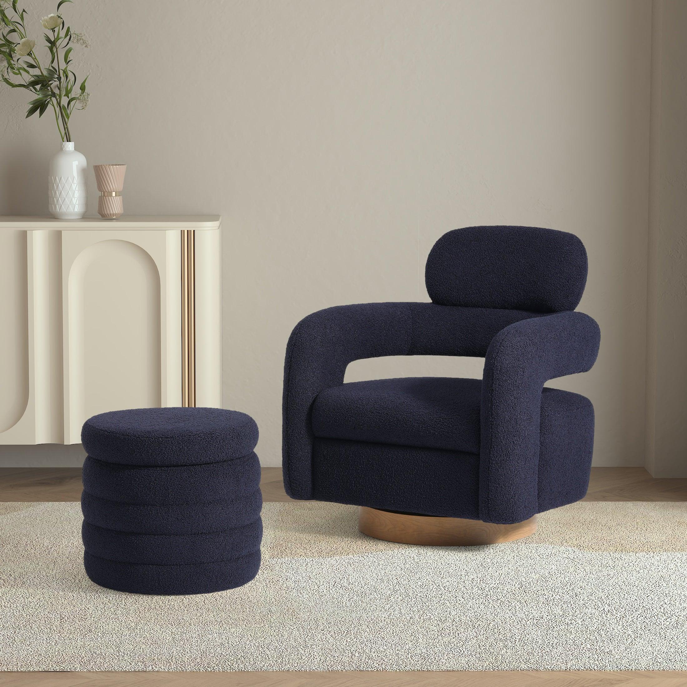 Celine Mid-Century Modern Sherpa Swivel Barrel Accent Chair With Storage Ottoman